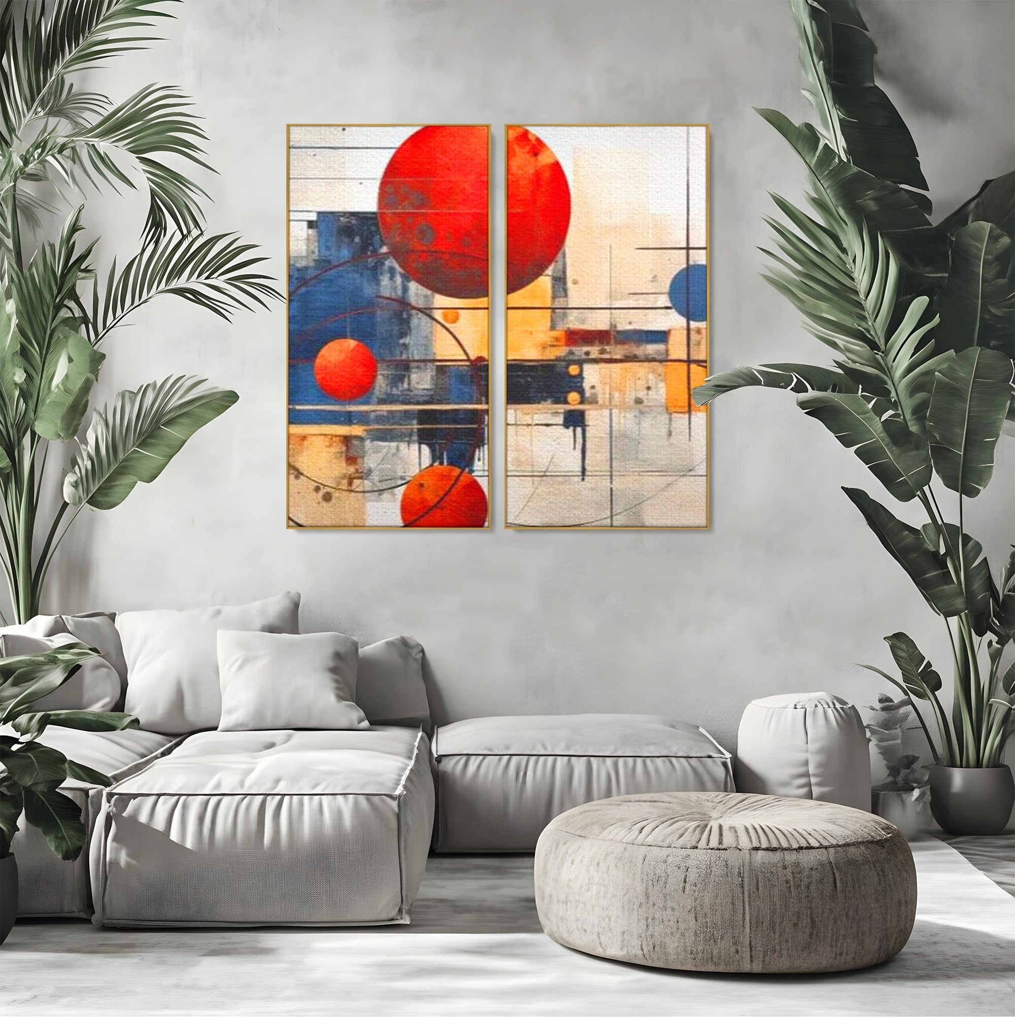 Set 2 Tablouri Canvas Premium LuxCanva® J2-1019, Spatiu Descompus, Sfere, Rosii, Portocaliu, Orbite, Linii, Urban, Contraste, Compozitional, Decorativ, Fantasmic, Living, Dormitor
