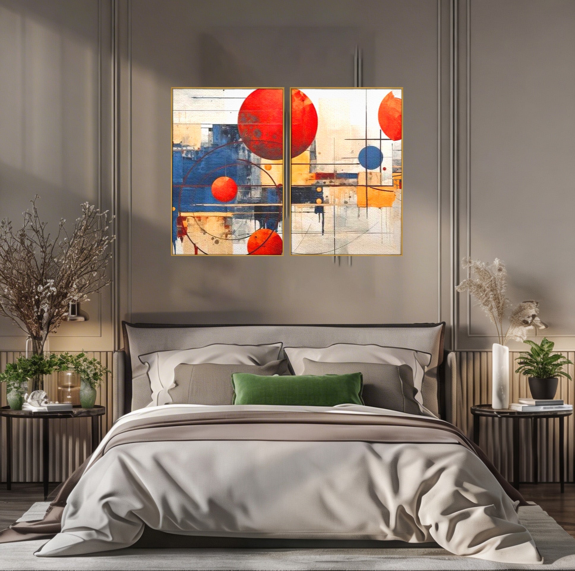 Set 2 Tablouri Canvas Premium LuxCanva® J2-1019, Spatiu Descompus, Sfere, Rosii, Portocaliu, Orbite, Linii, Urban, Contraste, Compozitional, Decorativ, Fantasmic, Living, Dormitor