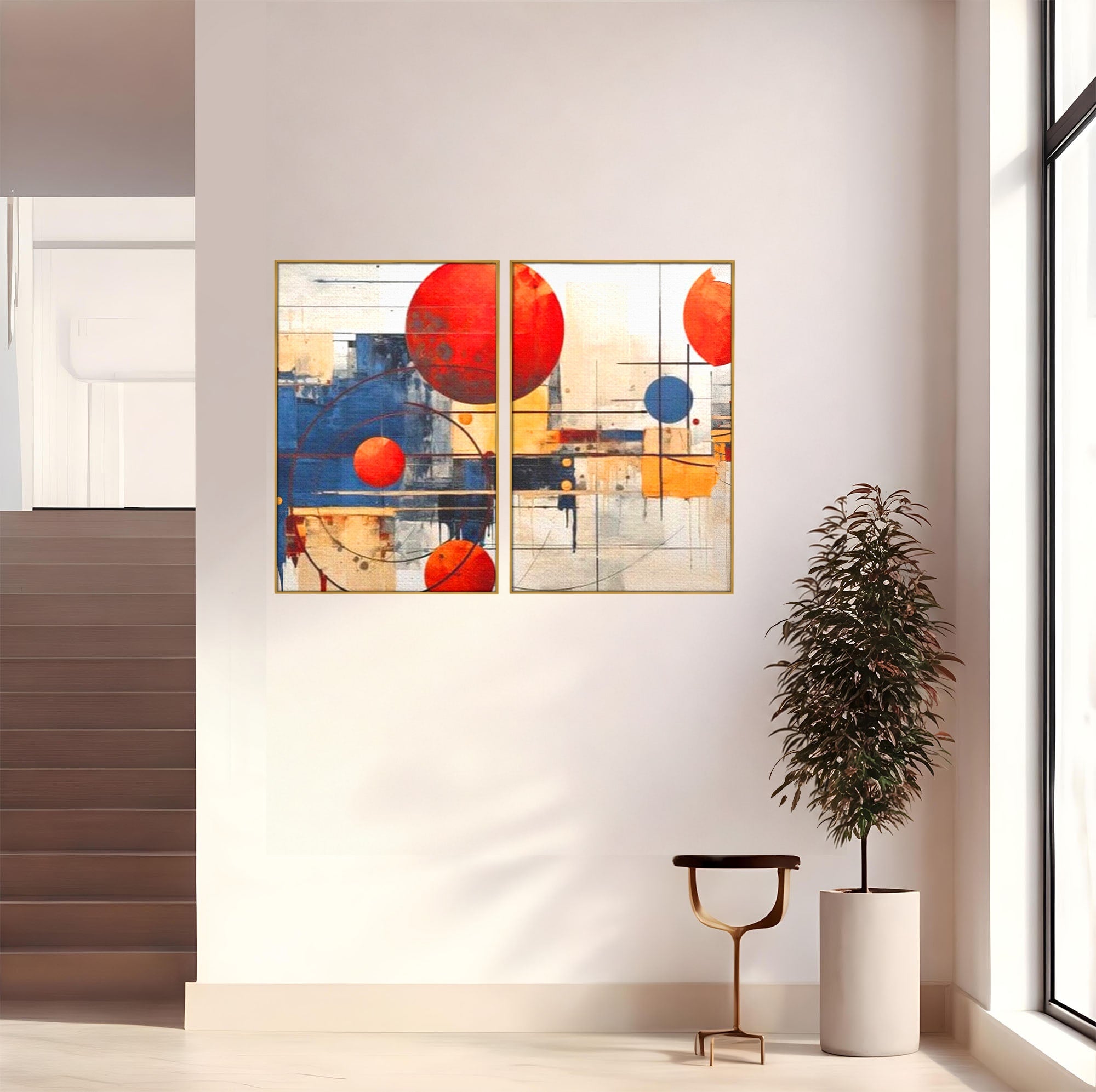 Set 2 Tablouri Canvas Premium LuxCanva® J2-1019, Spatiu Descompus, Sfere, Rosii, Portocaliu, Orbite, Linii, Urban, Contraste, Compozitional, Decorativ, Fantasmic, Living, Dormitor