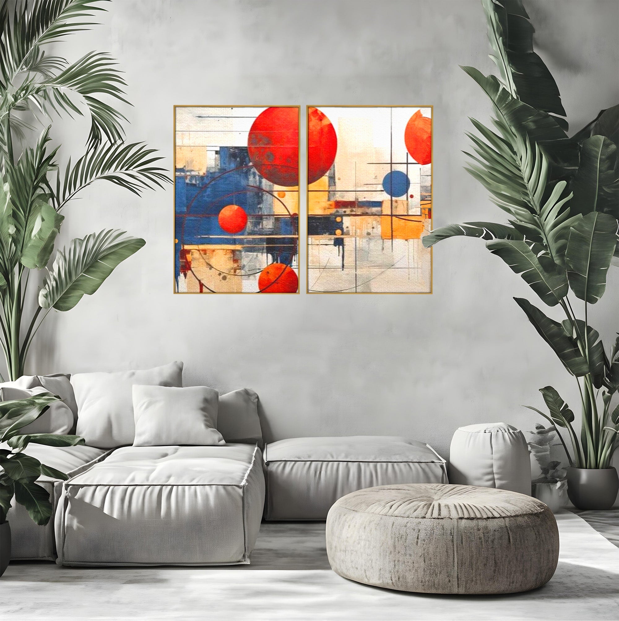 Set 2 Tablouri Canvas Premium LuxCanva® J2-1019, Spatiu Descompus, Sfere, Rosii, Portocaliu, Orbite, Linii, Urban, Contraste, Compozitional, Decorativ, Fantasmic, Living, Dormitor