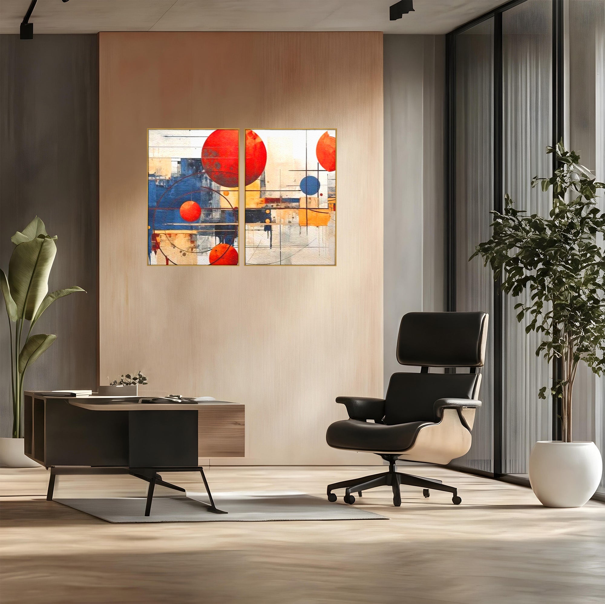 Set 2 Tablouri Canvas Premium LuxCanva® J2-1019, Spatiu Descompus, Sfere, Rosii, Portocaliu, Orbite, Linii, Urban, Contraste, Compozitional, Decorativ, Fantasmic, Living, Dormitor