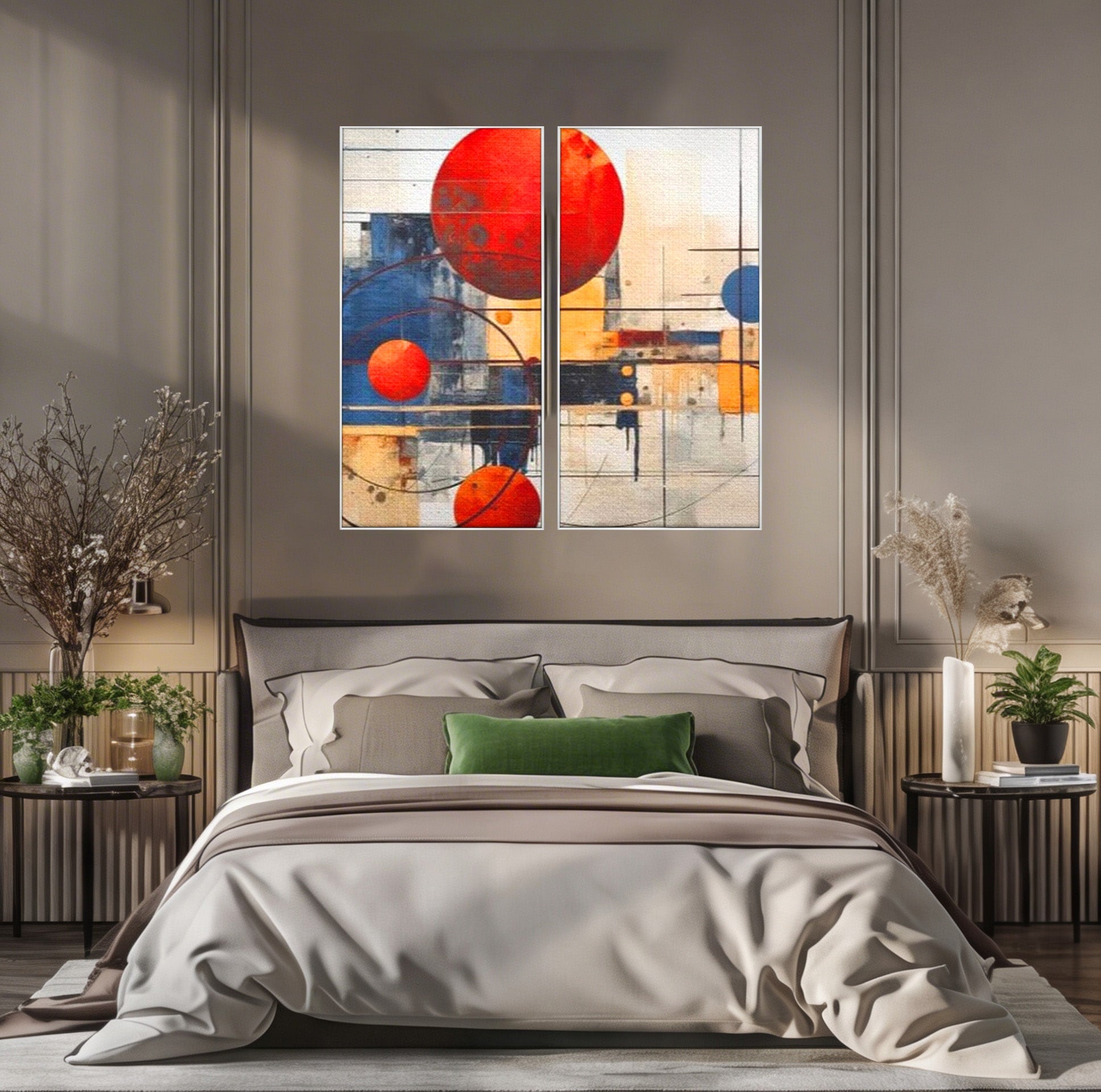 Set 2 Tablouri Canvas Premium LuxCanva® J2-1019, Spatiu Descompus, Sfere, Rosii, Portocaliu, Orbite, Linii, Urban, Contraste, Compozitional, Decorativ, Fantasmic, Living, Dormitor