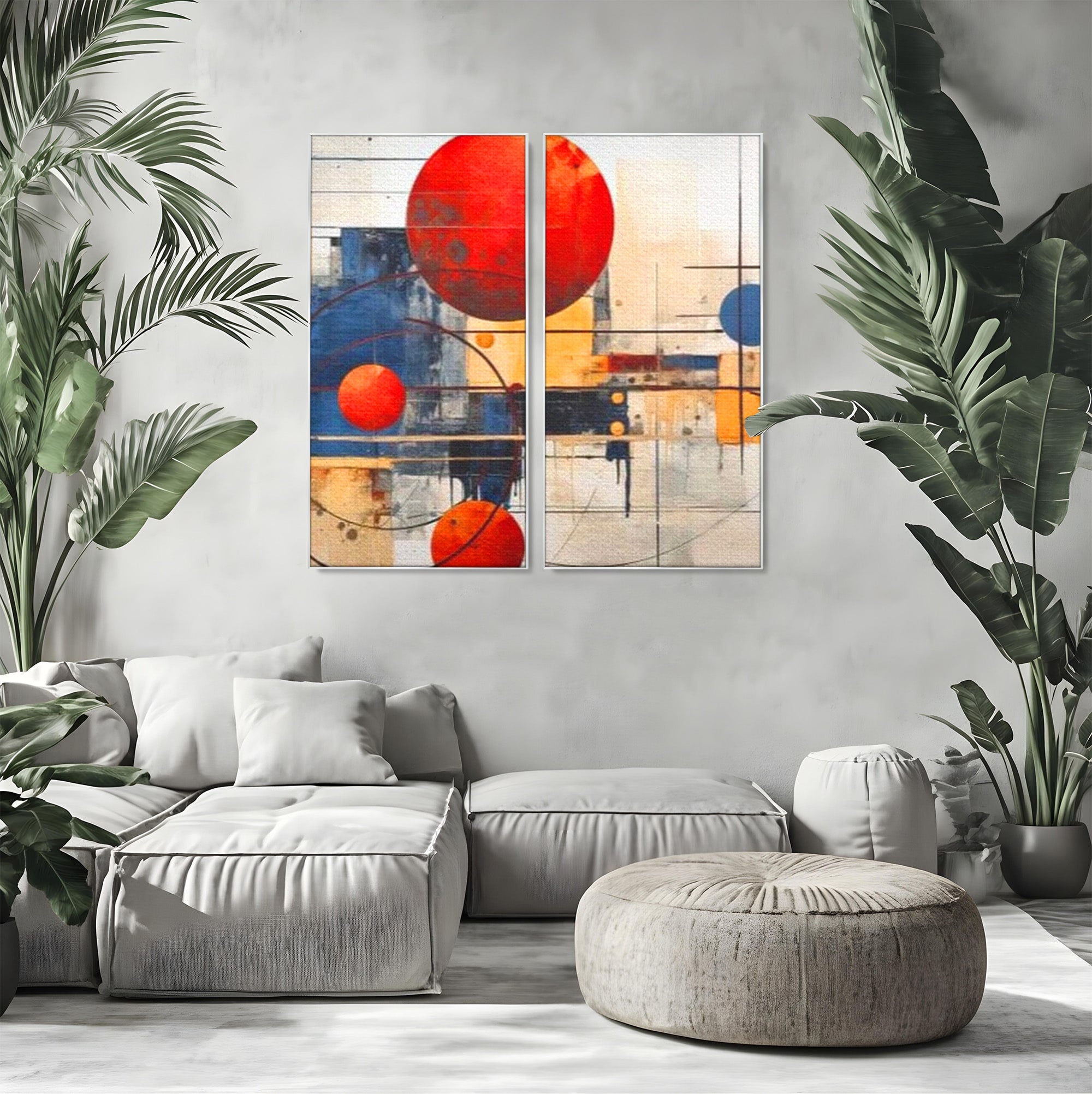 Set 2 Tablouri Canvas Premium LuxCanva® J2-1019, Spatiu Descompus, Sfere, Rosii, Portocaliu, Orbite, Linii, Urban, Contraste, Compozitional, Decorativ, Fantasmic, Living, Dormitor
