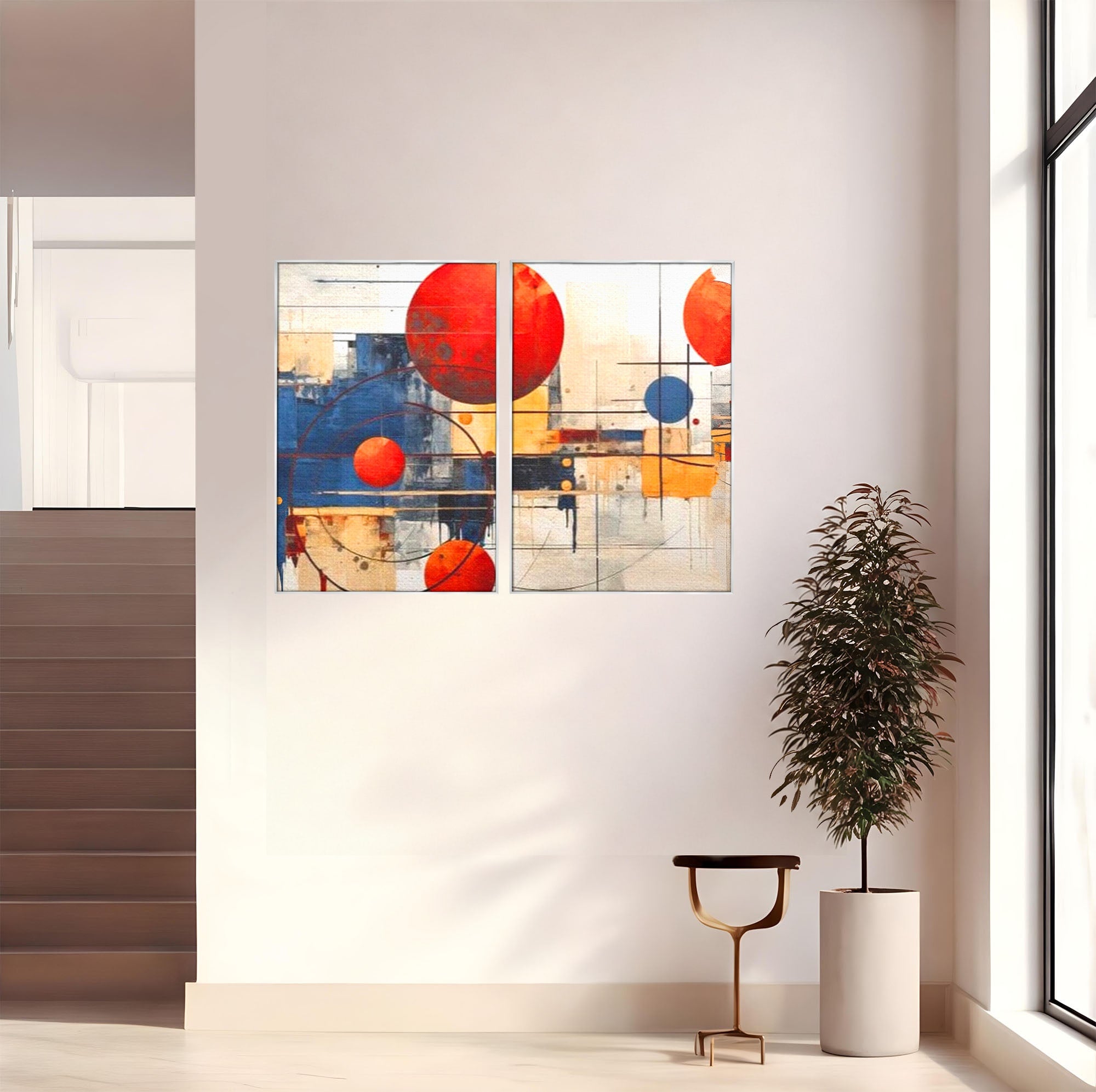 Set 2 Tablouri Canvas Premium LuxCanva® J2-1019, Spatiu Descompus, Sfere, Rosii, Portocaliu, Orbite, Linii, Urban, Contraste, Compozitional, Decorativ, Fantasmic, Living, Dormitor