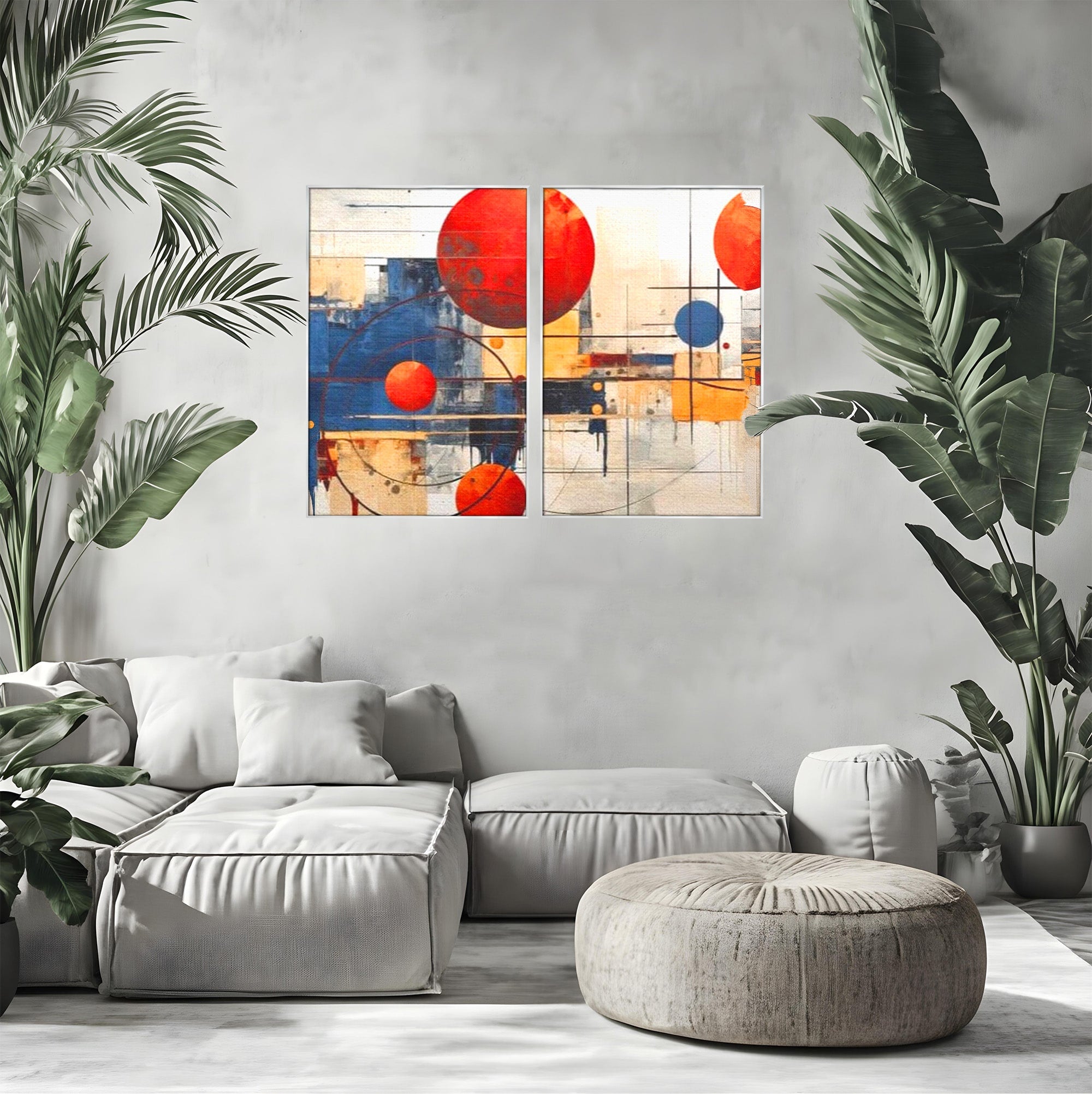 Set 2 Tablouri Canvas Premium LuxCanva® J2-1019, Spatiu Descompus, Sfere, Rosii, Portocaliu, Orbite, Linii, Urban, Contraste, Compozitional, Decorativ, Fantasmic, Living, Dormitor