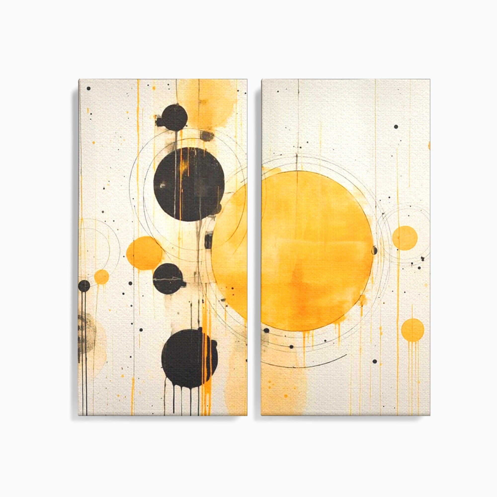 Set 2 Tablouri Canvas Premium LuxCanva® J2-1025, Orologiul Universului, Eclipsa, Atractie, Radiatie, Galben, Negru, Mister, Infinit, Cercuri, Solar, Umbre, Living, Dormitor