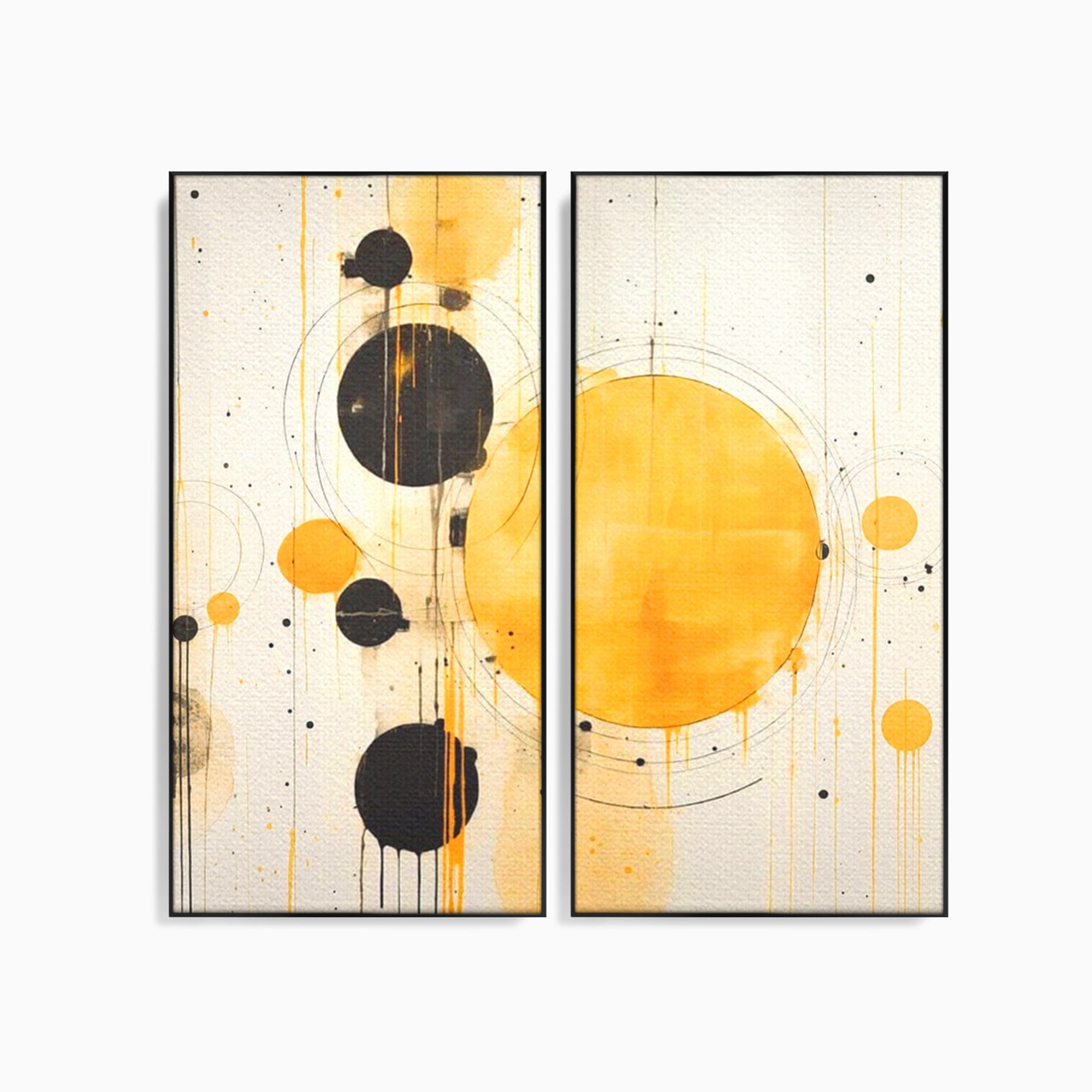 Set 2 Tablouri Canvas Premium LuxCanva® J2-1025, Orologiul Universului, Eclipsa, Atractie, Radiatie, Galben, Negru, Mister, Infinit, Cercuri, Solar, Umbre, Living, Dormitor