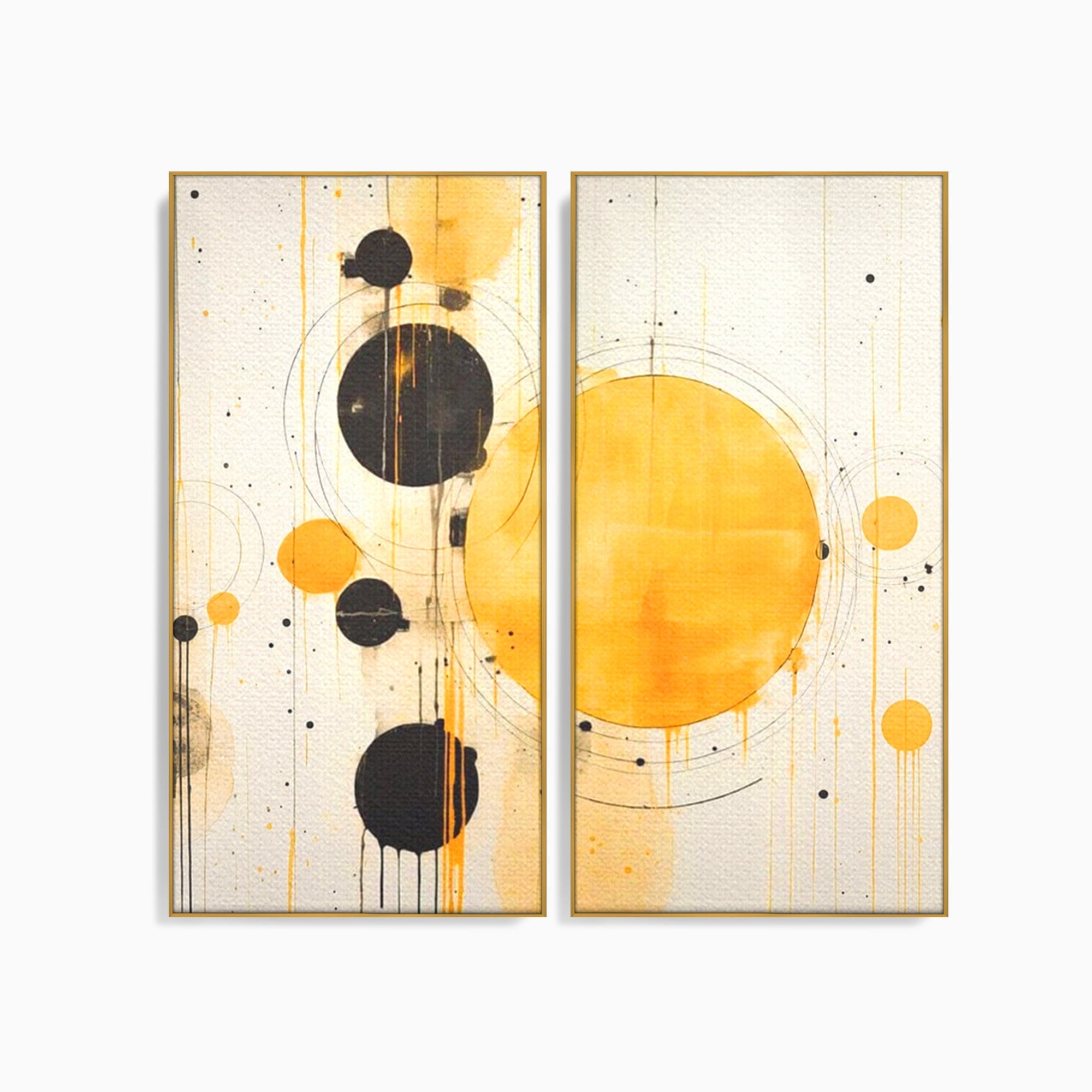 Set 2 Tablouri Canvas Premium LuxCanva® J2-1025, Orologiul Universului, Eclipsa, Atractie, Radiatie, Galben, Negru, Mister, Infinit, Cercuri, Solar, Umbre, Living, Dormitor
