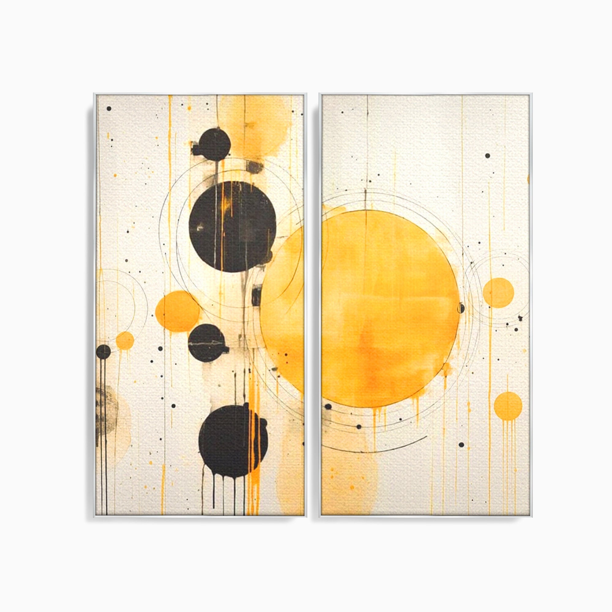 Set 2 Tablouri Canvas Premium LuxCanva® J2-1025, Orologiul Universului, Eclipsa, Atractie, Radiatie, Galben, Negru, Mister, Infinit, Cercuri, Solar, Umbre, Living, Dormitor