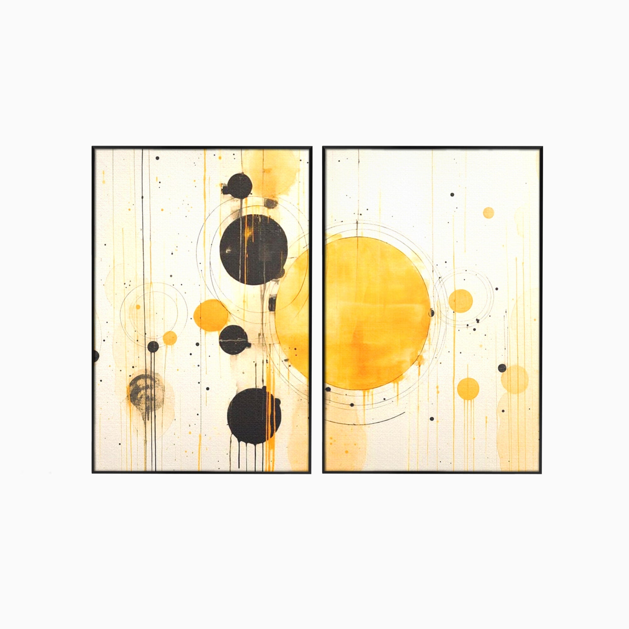 Set 2 Tablouri Canvas Premium LuxCanva® J2-1025, Orologiul Universului, Eclipsa, Atractie, Radiatie, Galben, Negru, Mister, Infinit, Cercuri, Solar, Umbre, Living, Dormitor