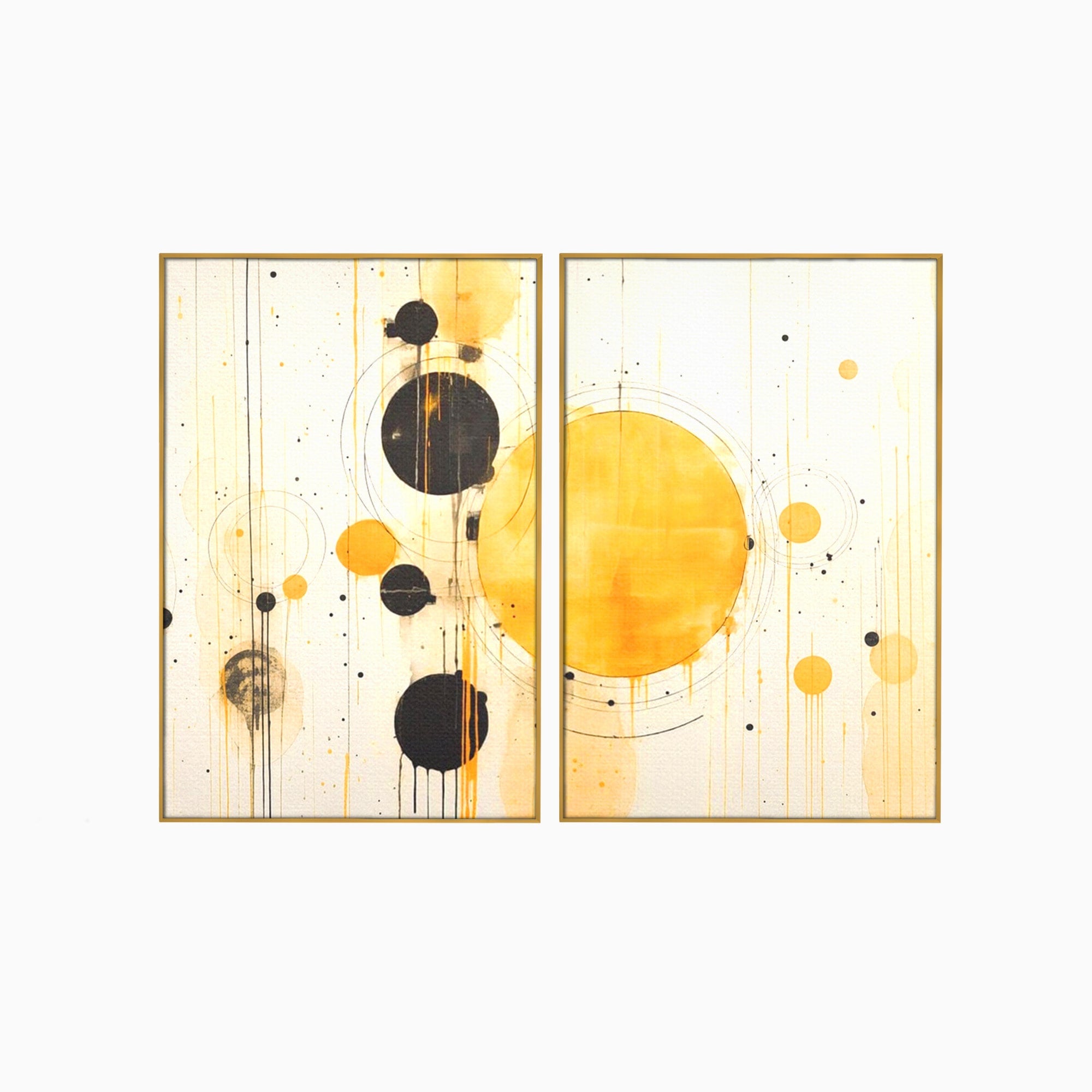 Set 2 Tablouri Canvas Premium LuxCanva® J2-1025, Orologiul Universului, Eclipsa, Atractie, Radiatie, Galben, Negru, Mister, Infinit, Cercuri, Solar, Umbre, Living, Dormitor