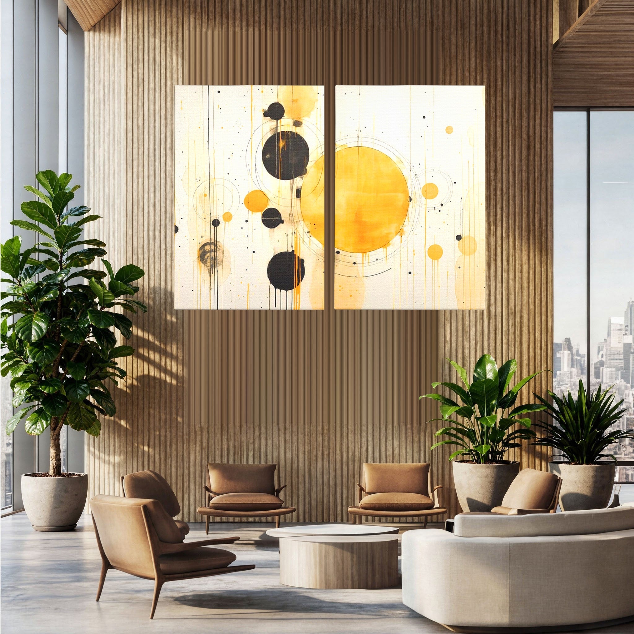 Set 2 Tablouri Canvas Premium LuxCanva® J2-1025, Orologiul Universului, Eclipsa, Atractie, Radiatie, Galben, Negru, Mister, Infinit, Cercuri, Solar, Umbre, Living, Dormitor