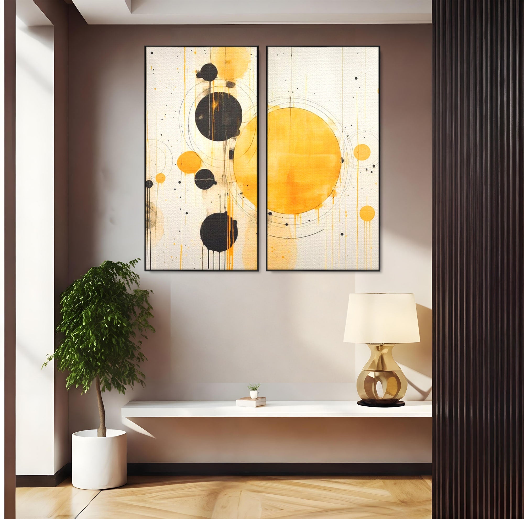 Set 2 Tablouri Canvas Premium LuxCanva® J2-1025, Orologiul Universului, Eclipsa, Atractie, Radiatie, Galben, Negru, Mister, Infinit, Cercuri, Solar, Umbre, Living, Dormitor
