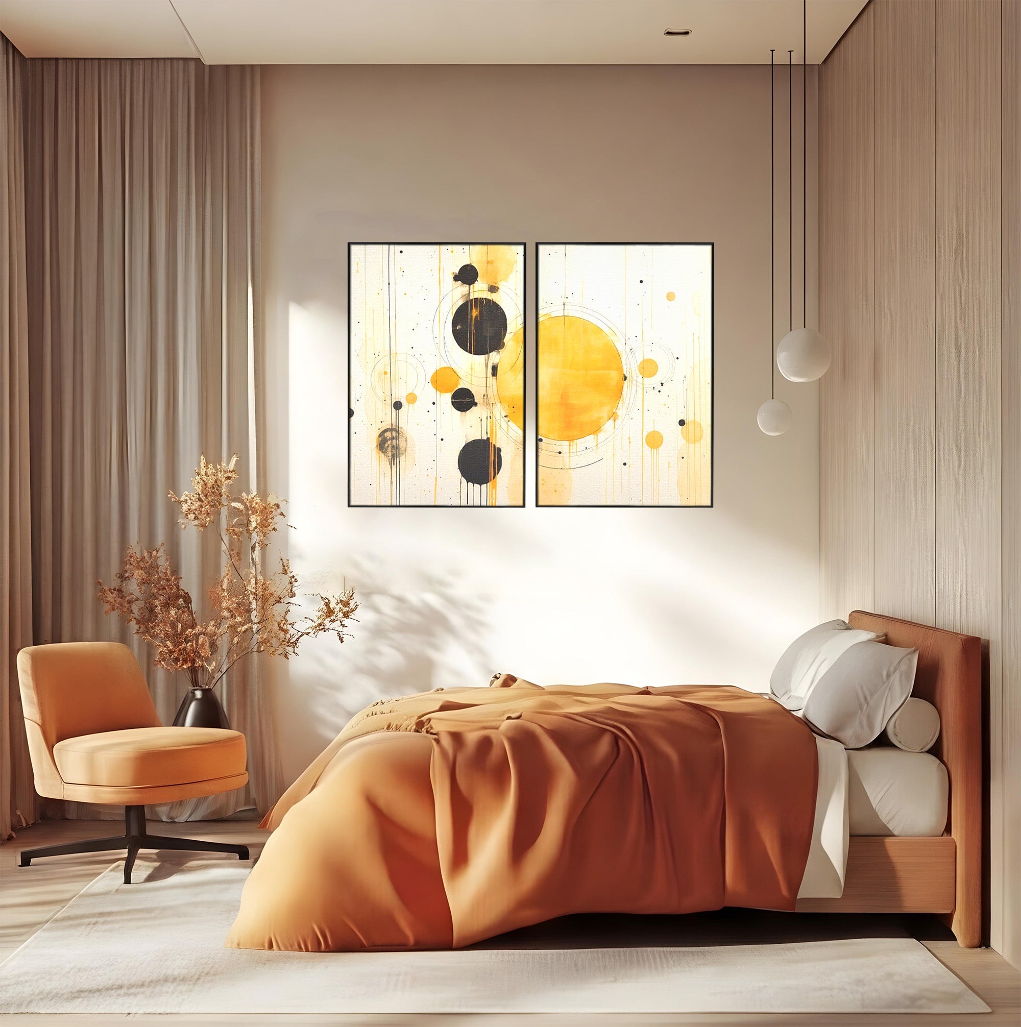 Set 2 Tablouri Canvas Premium LuxCanva® J2-1025, Orologiul Universului, Eclipsa, Atractie, Radiatie, Galben, Negru, Mister, Infinit, Cercuri, Solar, Umbre, Living, Dormitor