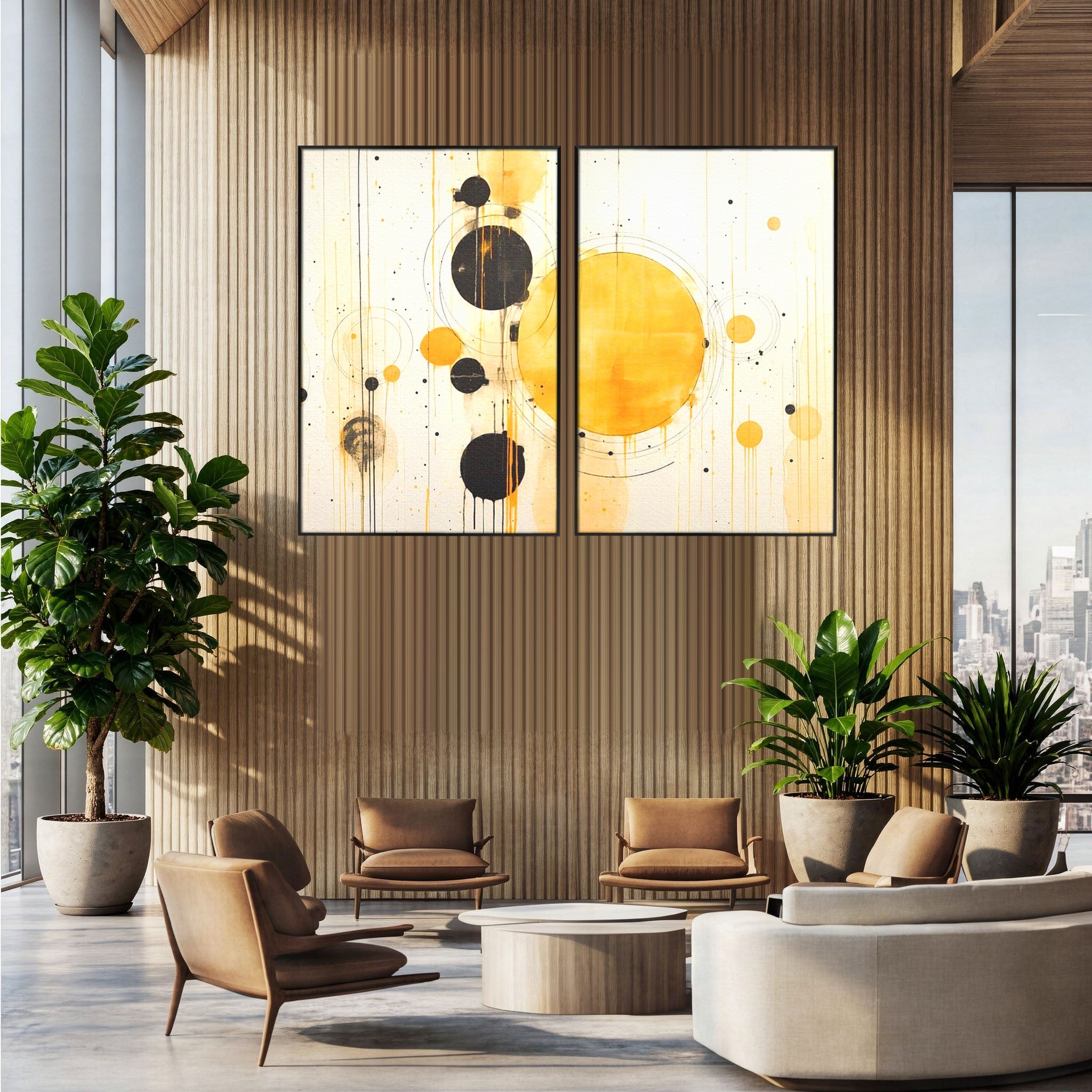 Set 2 Tablouri Canvas Premium LuxCanva® J2-1025, Orologiul Universului, Eclipsa, Atractie, Radiatie, Galben, Negru, Mister, Infinit, Cercuri, Solar, Umbre, Living, Dormitor