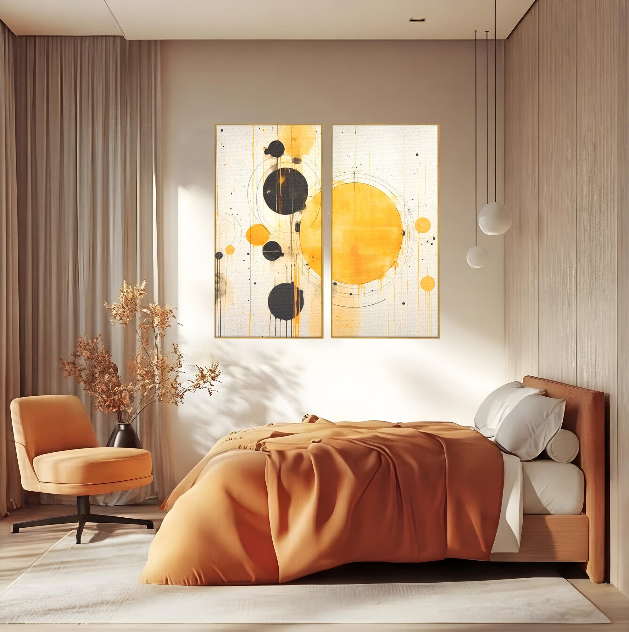 Set 2 Tablouri Canvas Premium LuxCanva® J2-1025, Orologiul Universului, Eclipsa, Atractie, Radiatie, Galben, Negru, Mister, Infinit, Cercuri, Solar, Umbre, Living, Dormitor