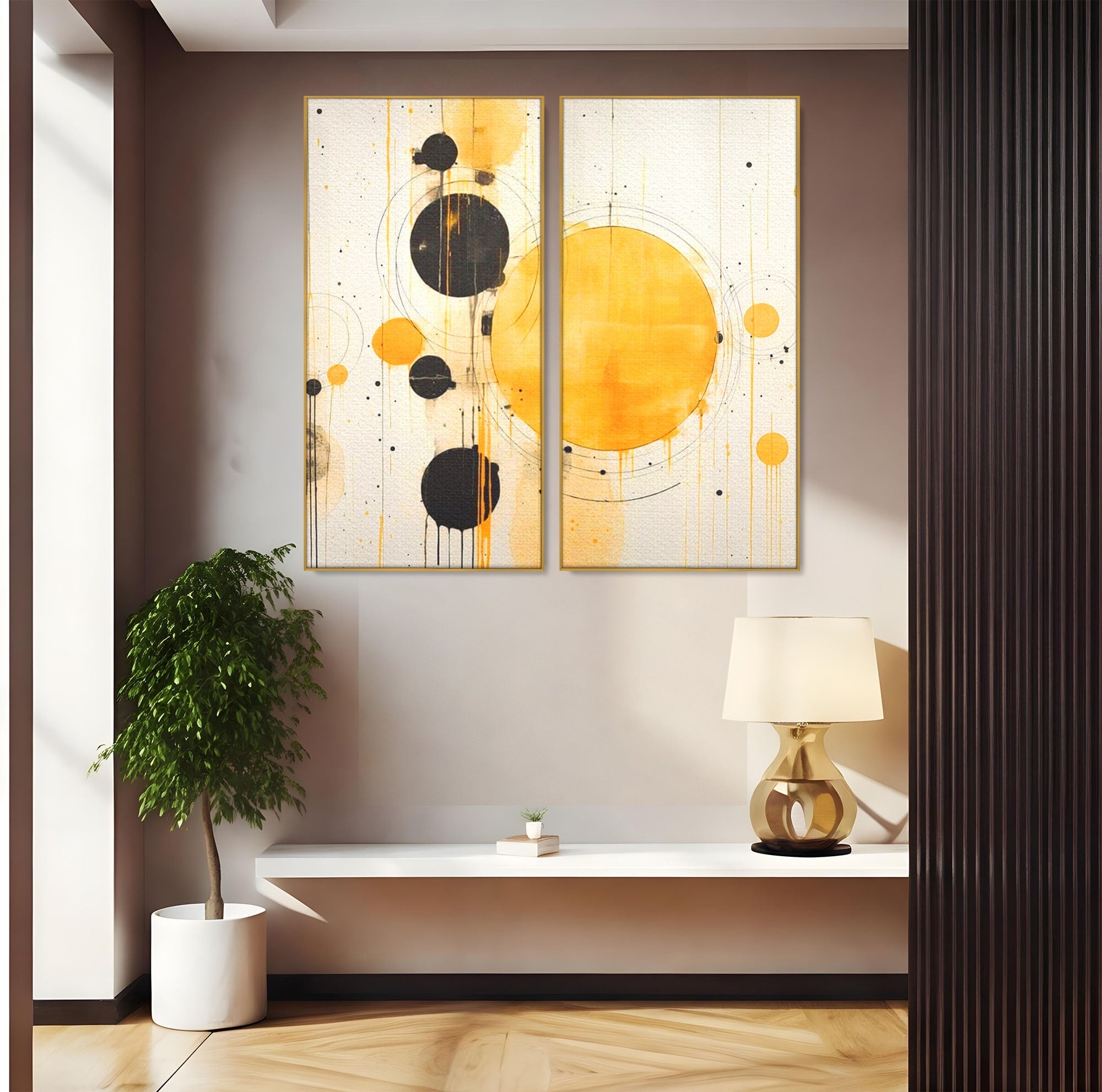 Set 2 Tablouri Canvas Premium LuxCanva® J2-1025, Orologiul Universului, Eclipsa, Atractie, Radiatie, Galben, Negru, Mister, Infinit, Cercuri, Solar, Umbre, Living, Dormitor