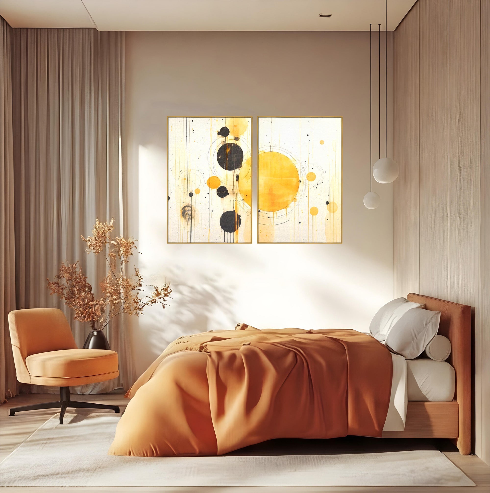 Set 2 Tablouri Canvas Premium LuxCanva® J2-1025, Orologiul Universului, Eclipsa, Atractie, Radiatie, Galben, Negru, Mister, Infinit, Cercuri, Solar, Umbre, Living, Dormitor