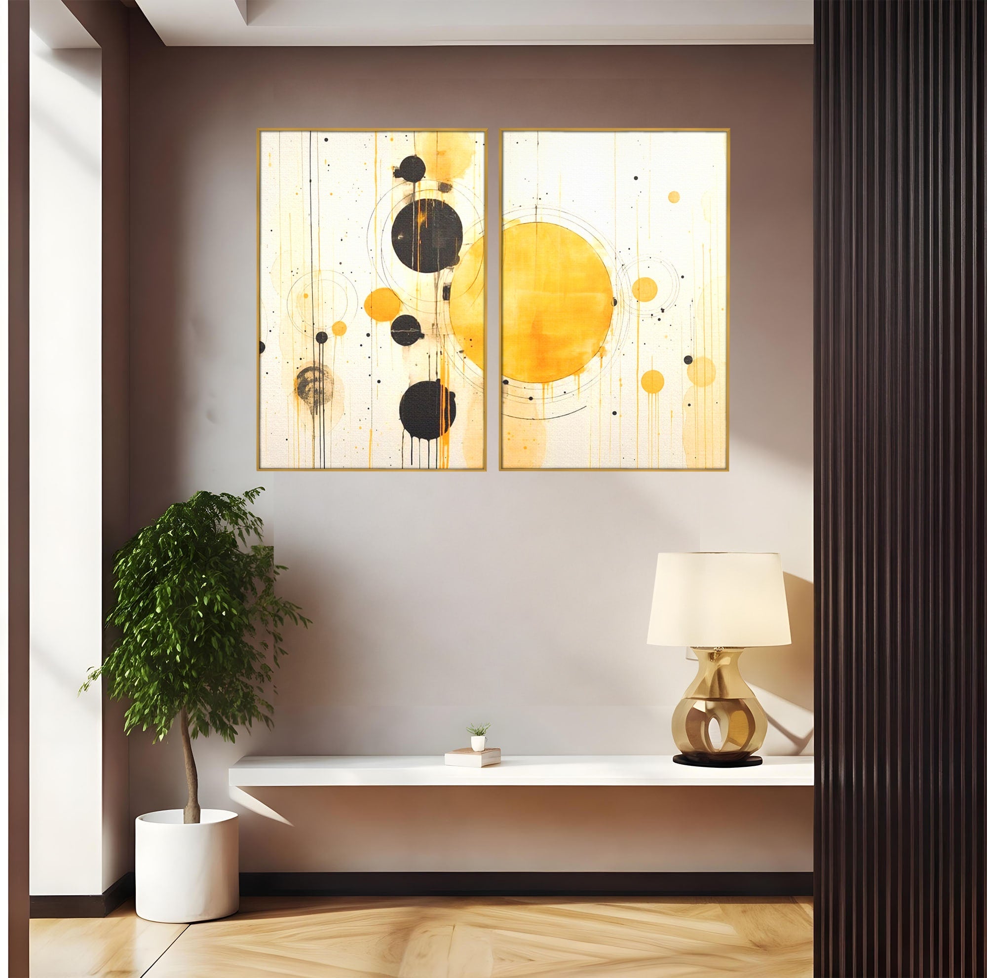 Set 2 Tablouri Canvas Premium LuxCanva® J2-1025, Orologiul Universului, Eclipsa, Atractie, Radiatie, Galben, Negru, Mister, Infinit, Cercuri, Solar, Umbre, Living, Dormitor