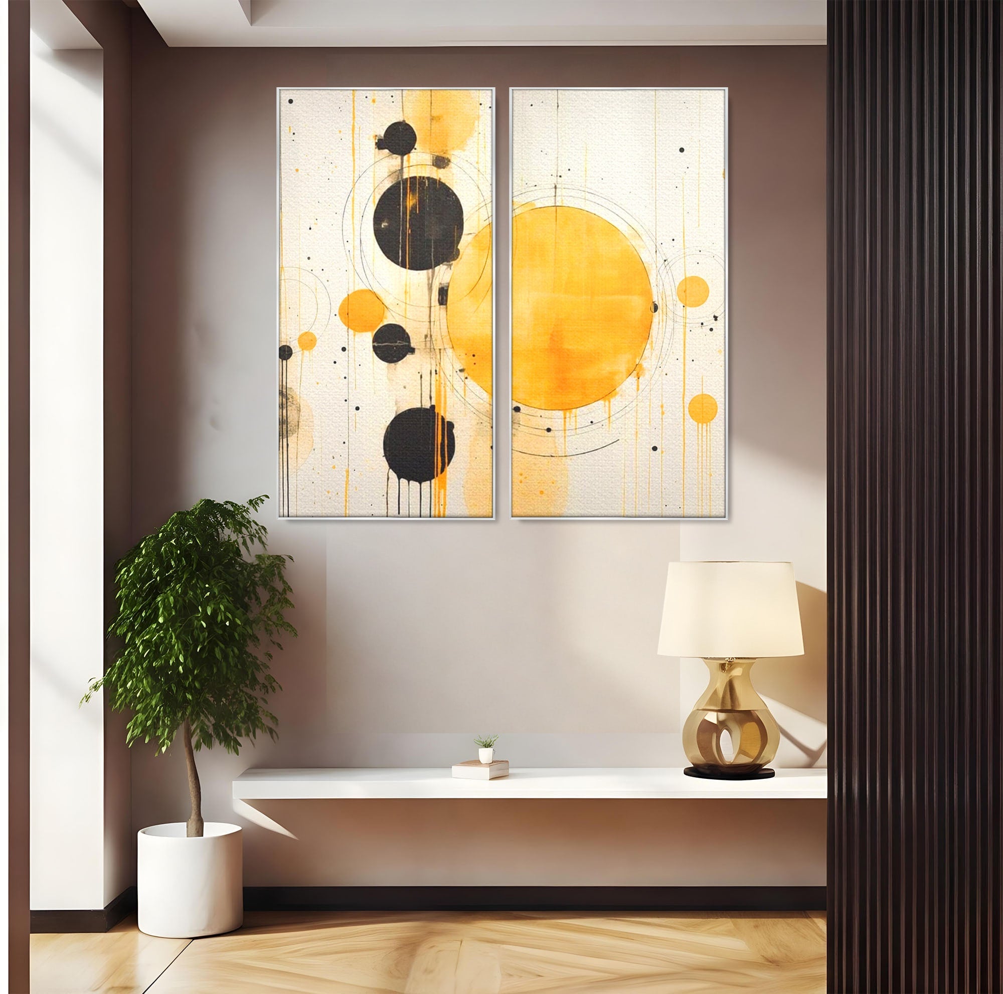 Set 2 Tablouri Canvas Premium LuxCanva® J2-1025, Orologiul Universului, Eclipsa, Atractie, Radiatie, Galben, Negru, Mister, Infinit, Cercuri, Solar, Umbre, Living, Dormitor