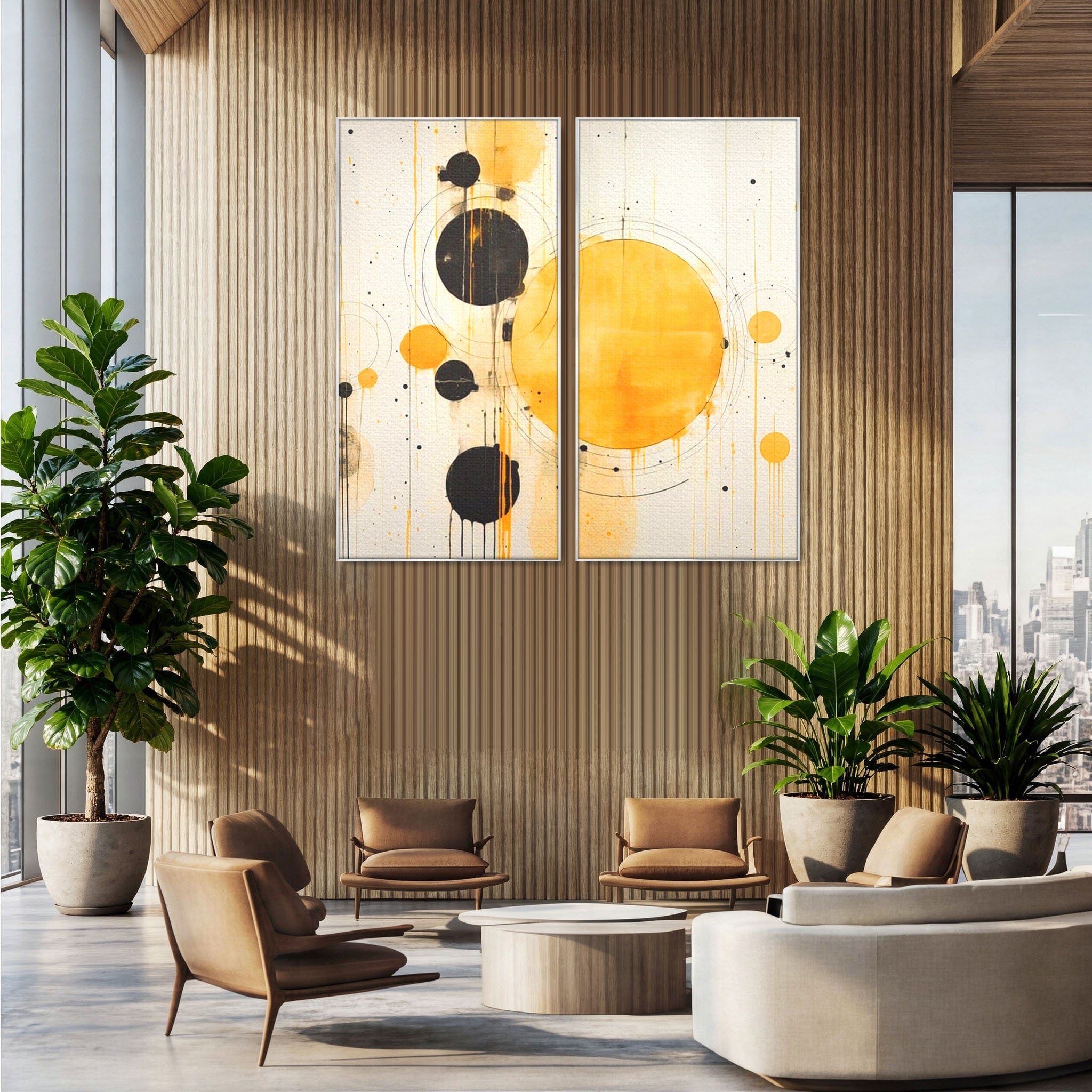 Set 2 Tablouri Canvas Premium LuxCanva® J2-1025, Orologiul Universului, Eclipsa, Atractie, Radiatie, Galben, Negru, Mister, Infinit, Cercuri, Solar, Umbre, Living, Dormitor