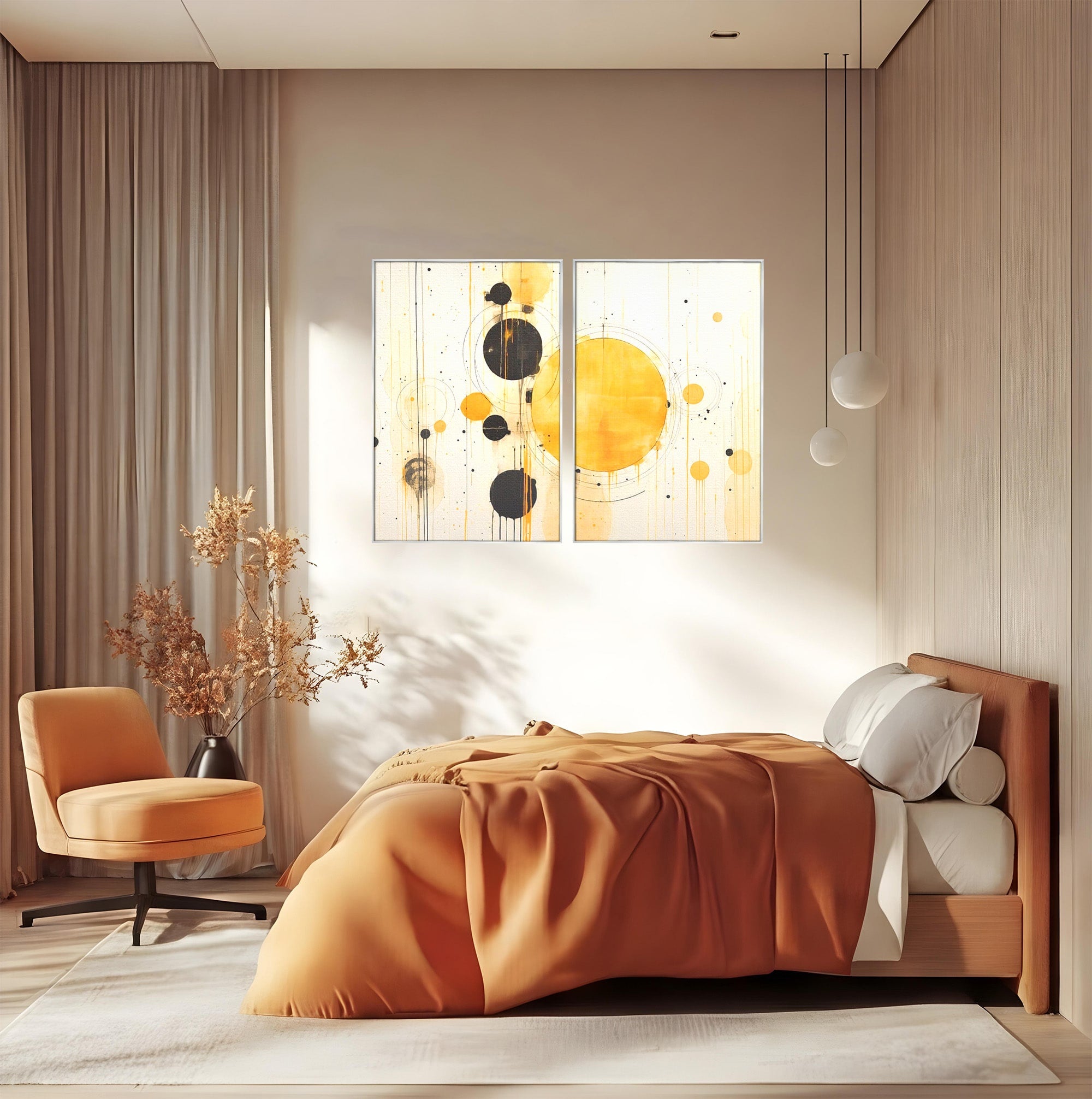 Set 2 Tablouri Canvas Premium LuxCanva® J2-1025, Orologiul Universului, Eclipsa, Atractie, Radiatie, Galben, Negru, Mister, Infinit, Cercuri, Solar, Umbre, Living, Dormitor