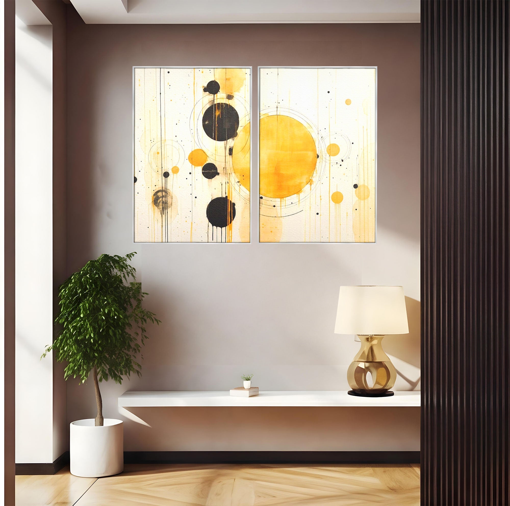 Set 2 Tablouri Canvas Premium LuxCanva® J2-1025, Orologiul Universului, Eclipsa, Atractie, Radiatie, Galben, Negru, Mister, Infinit, Cercuri, Solar, Umbre, Living, Dormitor