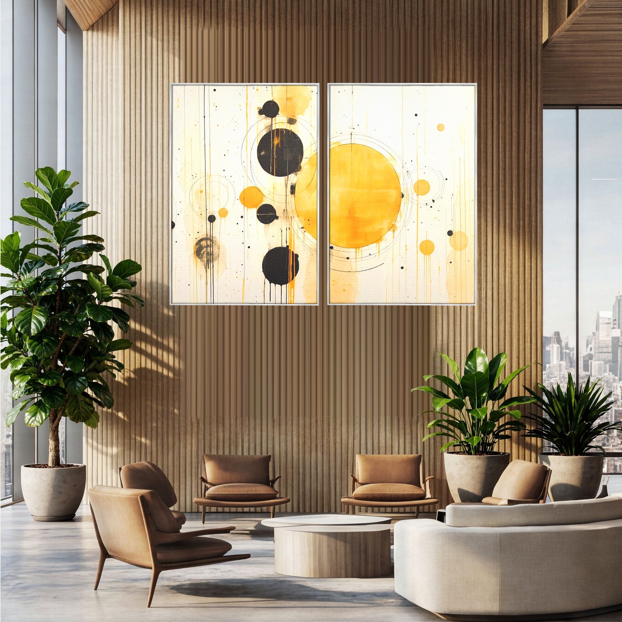 Set 2 Tablouri Canvas Premium LuxCanva® J2-1025, Orologiul Universului, Eclipsa, Atractie, Radiatie, Galben, Negru, Mister, Infinit, Cercuri, Solar, Umbre, Living, Dormitor