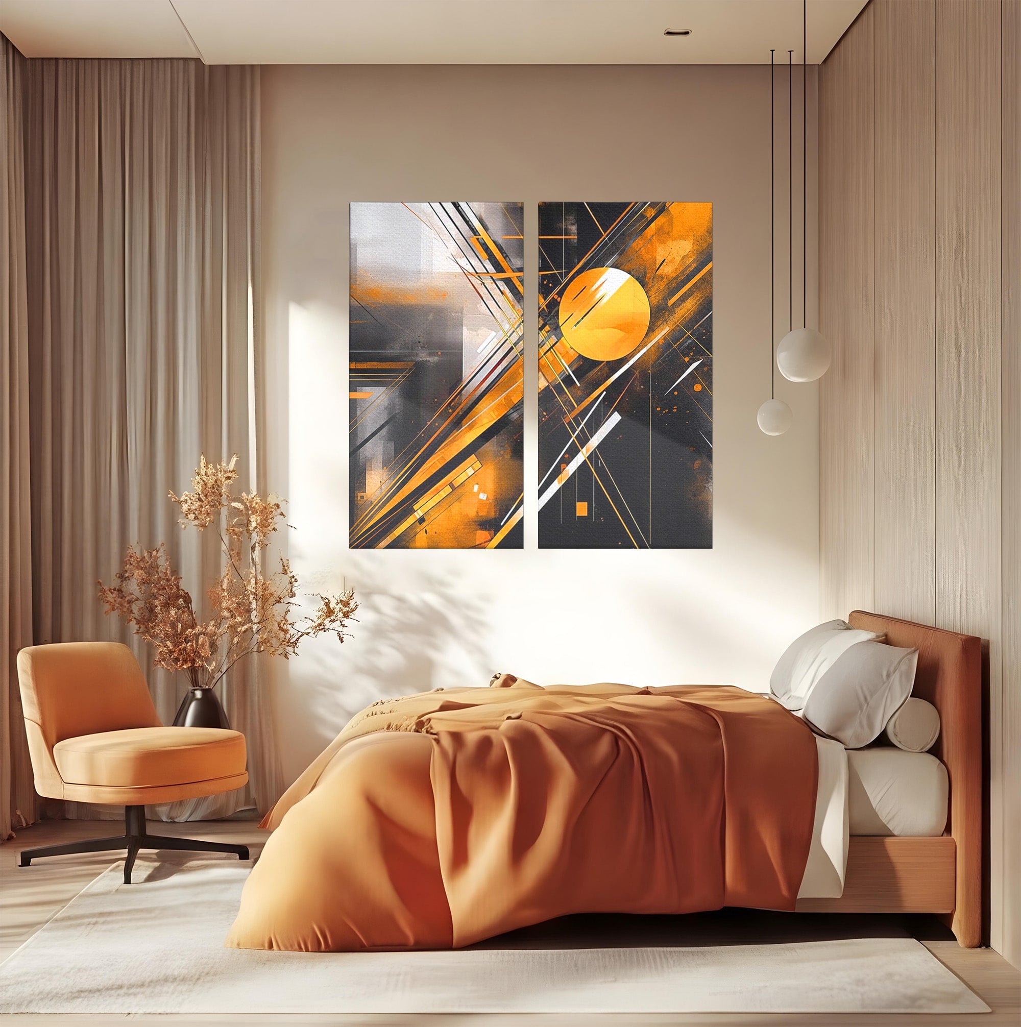 Set 2 Tablouri Canvas Premium LuxCanva® J2-1026, Impactul Viitorului, Futurism, Putere, Stralucire, Inovatie, Miscare, Galben, Negru, Furtuna, Traiectorii, Living, Dormitor