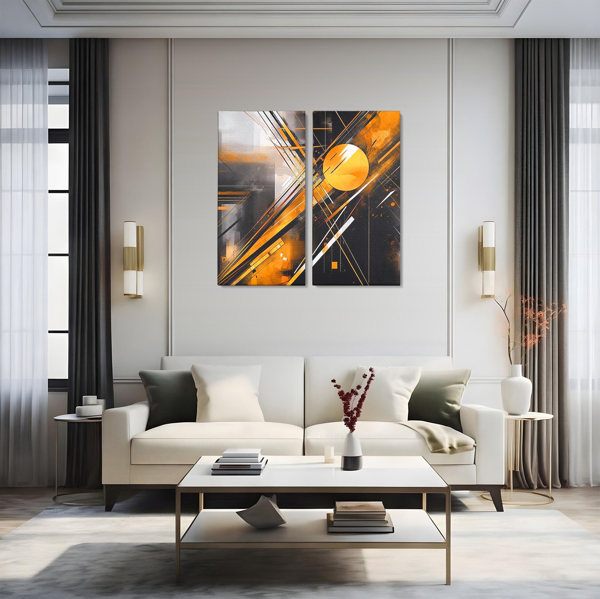 Set 2 Tablouri Canvas Premium LuxCanva® J2-1026, Impactul Viitorului, Futurism, Putere, Stralucire, Inovatie, Miscare, Galben, Negru, Furtuna, Traiectorii, Living, Dormitor