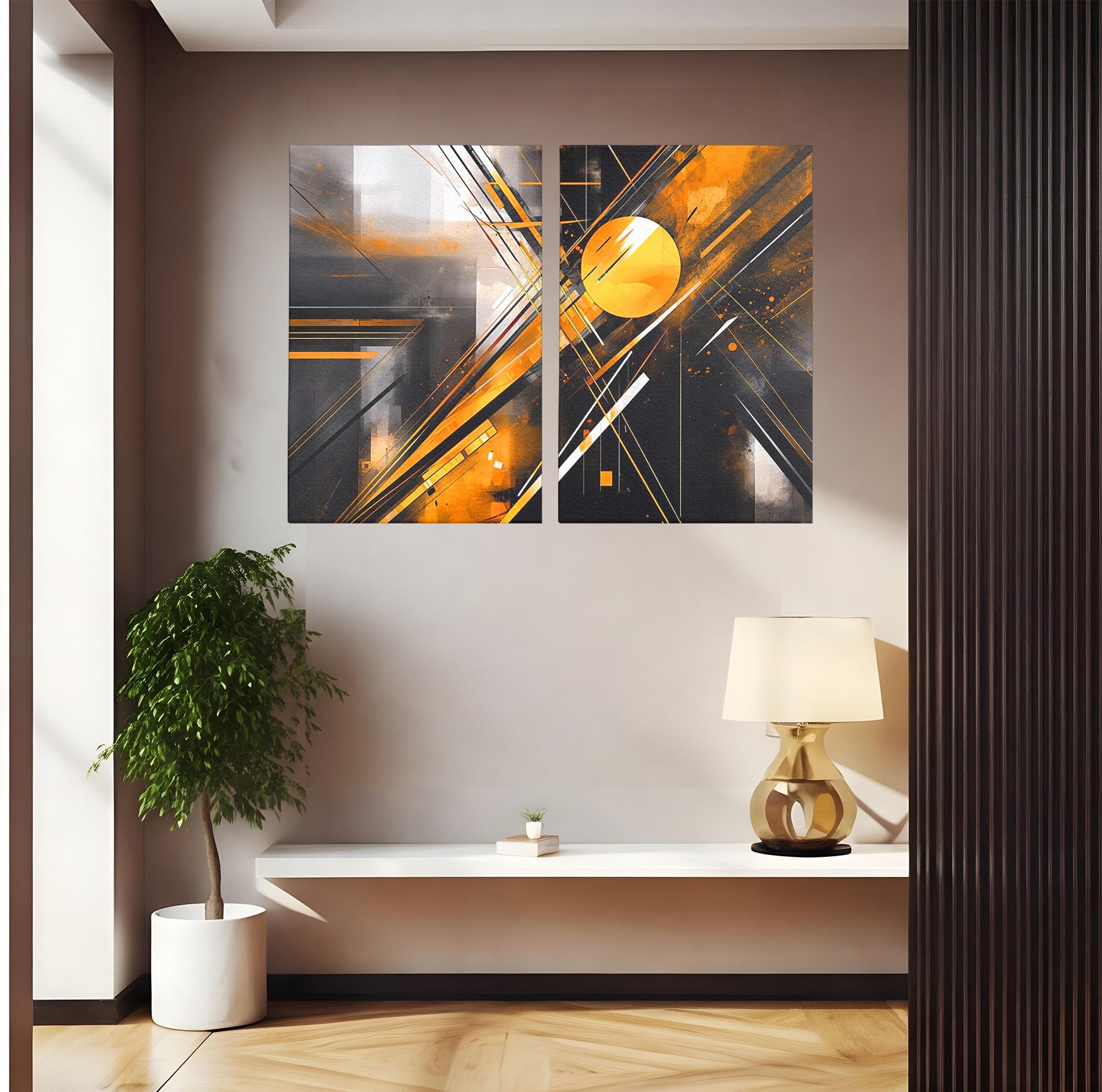 Set 2 Tablouri Canvas Premium LuxCanva® J2-1026, Impactul Viitorului, Futurism, Putere, Stralucire, Inovatie, Miscare, Galben, Negru, Furtuna, Traiectorii, Living, Dormitor
