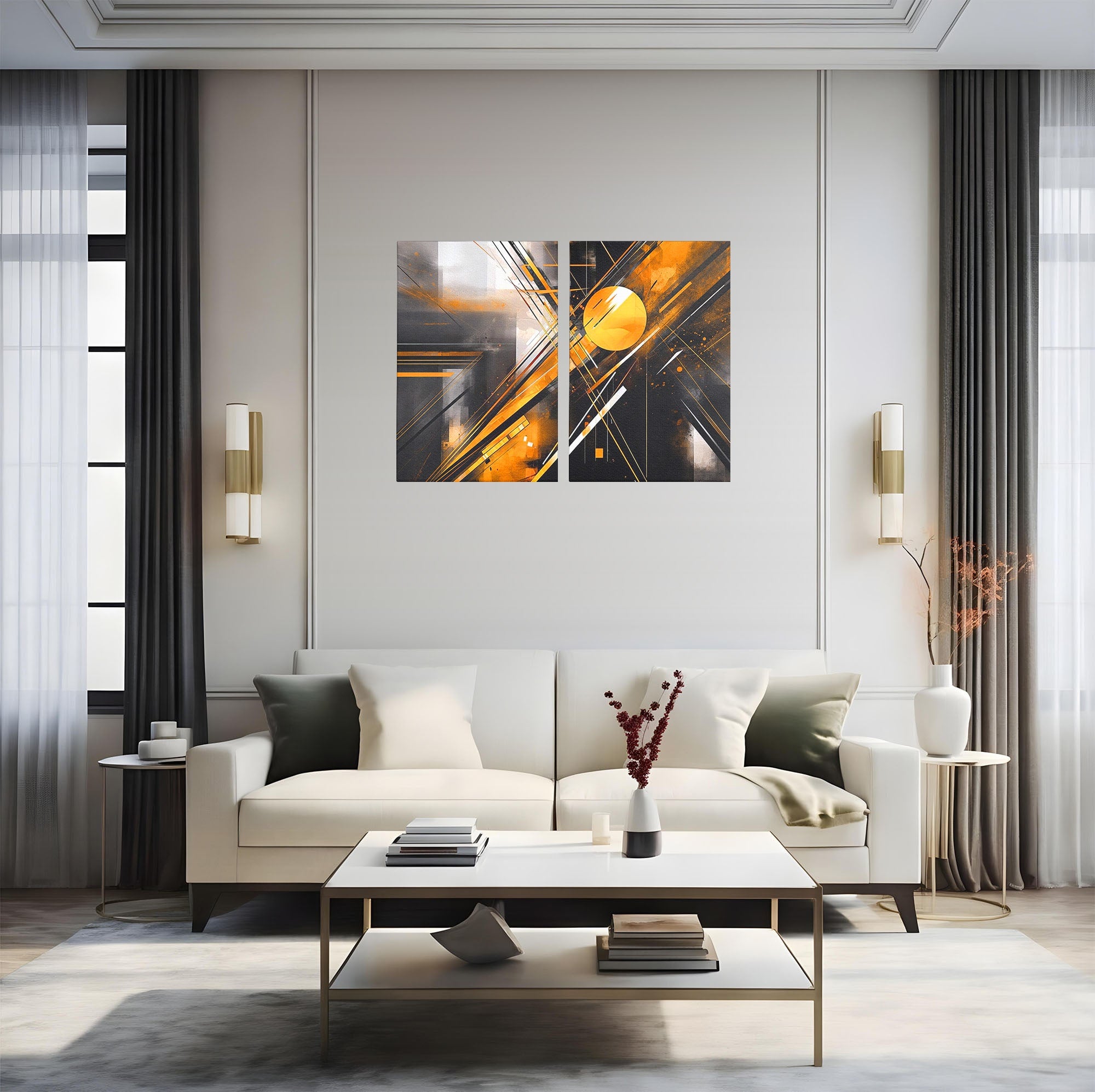 Set 2 Tablouri Canvas Premium LuxCanva® J2-1026, Impactul Viitorului, Futurism, Putere, Stralucire, Inovatie, Miscare, Galben, Negru, Furtuna, Traiectorii, Living, Dormitor