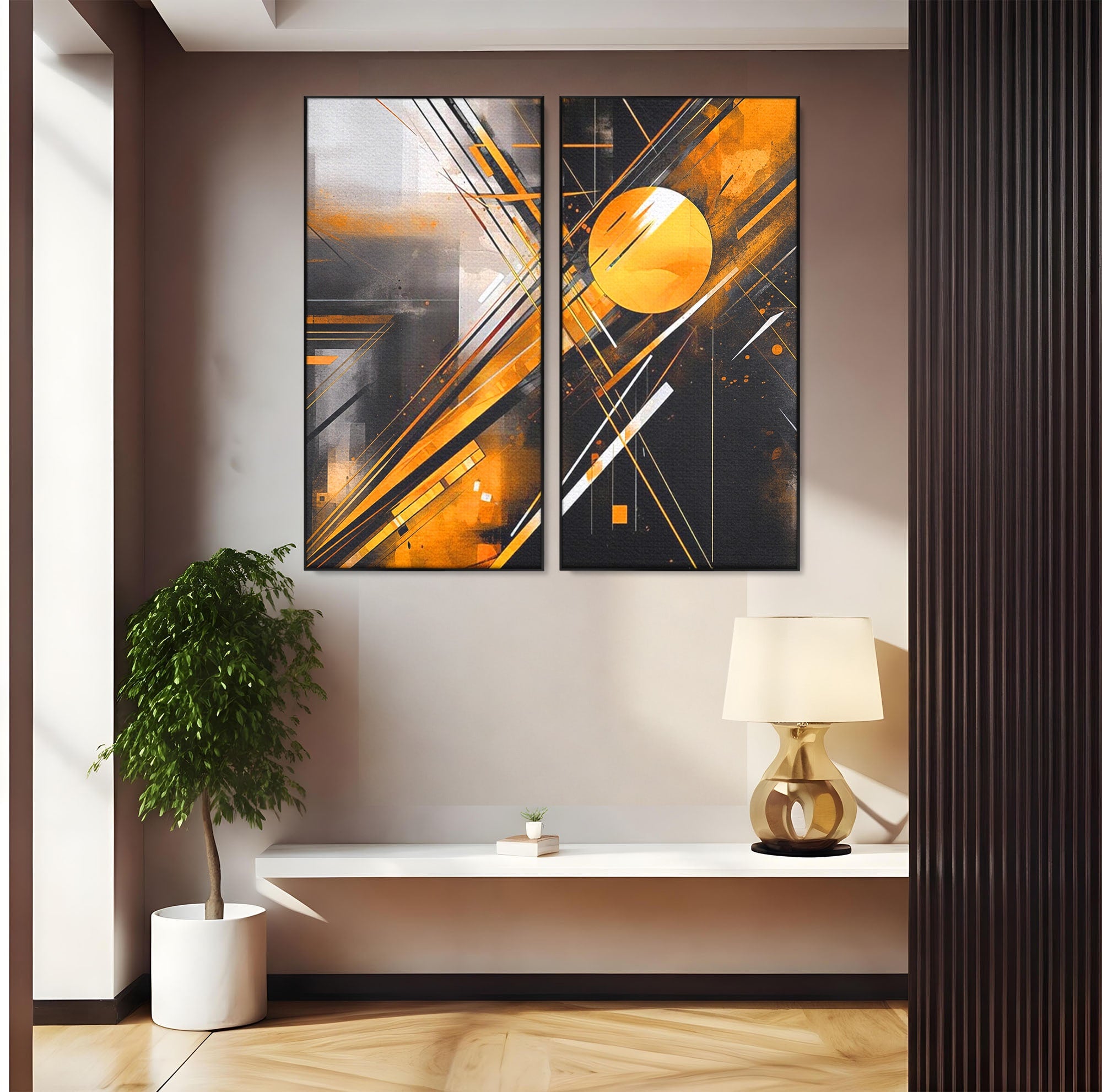 Set 2 Tablouri Canvas Premium LuxCanva® J2-1026, Impactul Viitorului, Futurism, Putere, Stralucire, Inovatie, Miscare, Galben, Negru, Furtuna, Traiectorii, Living, Dormitor