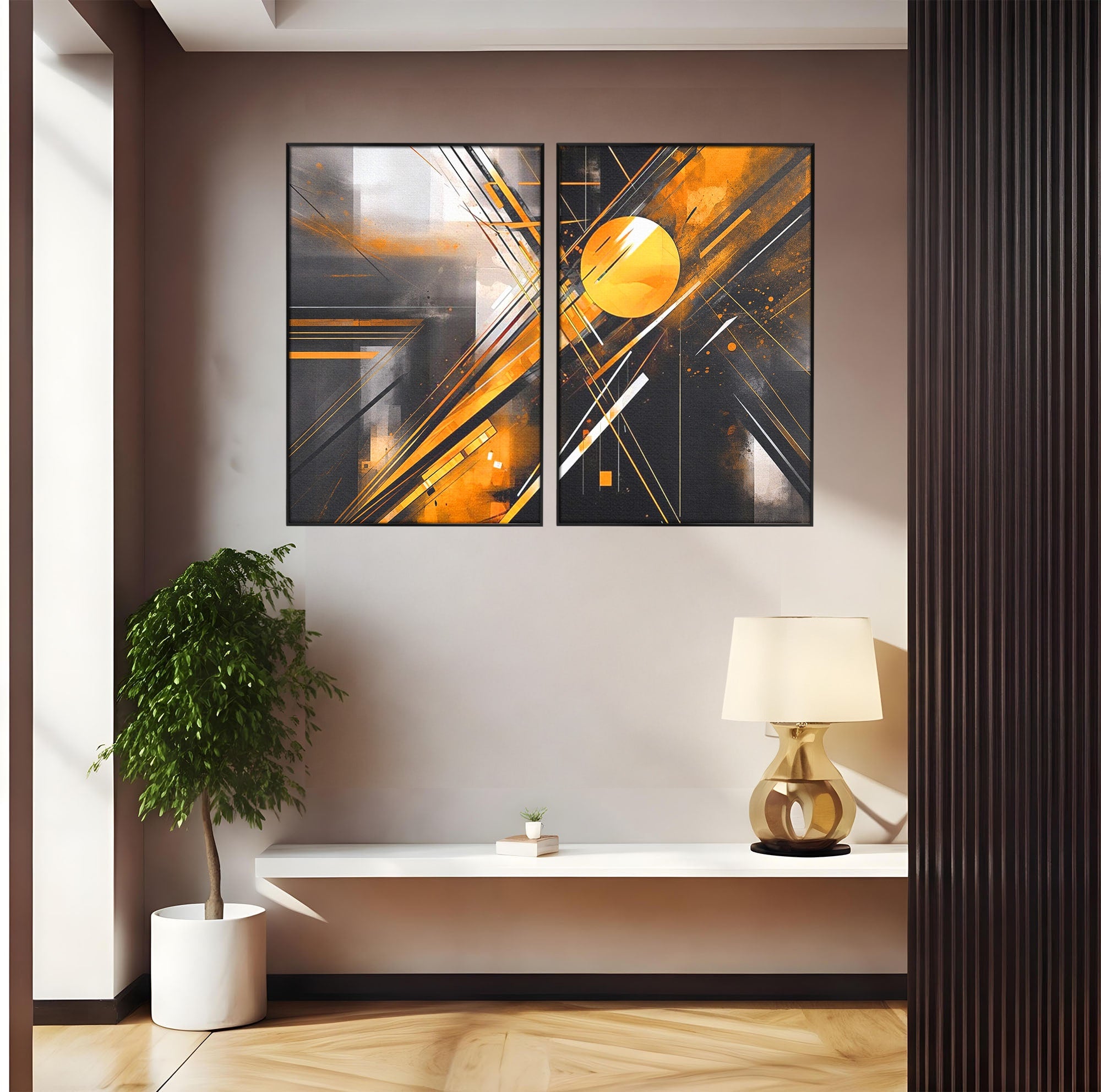 Set 2 Tablouri Canvas Premium LuxCanva® J2-1026, Impactul Viitorului, Futurism, Putere, Stralucire, Inovatie, Miscare, Galben, Negru, Furtuna, Traiectorii, Living, Dormitor