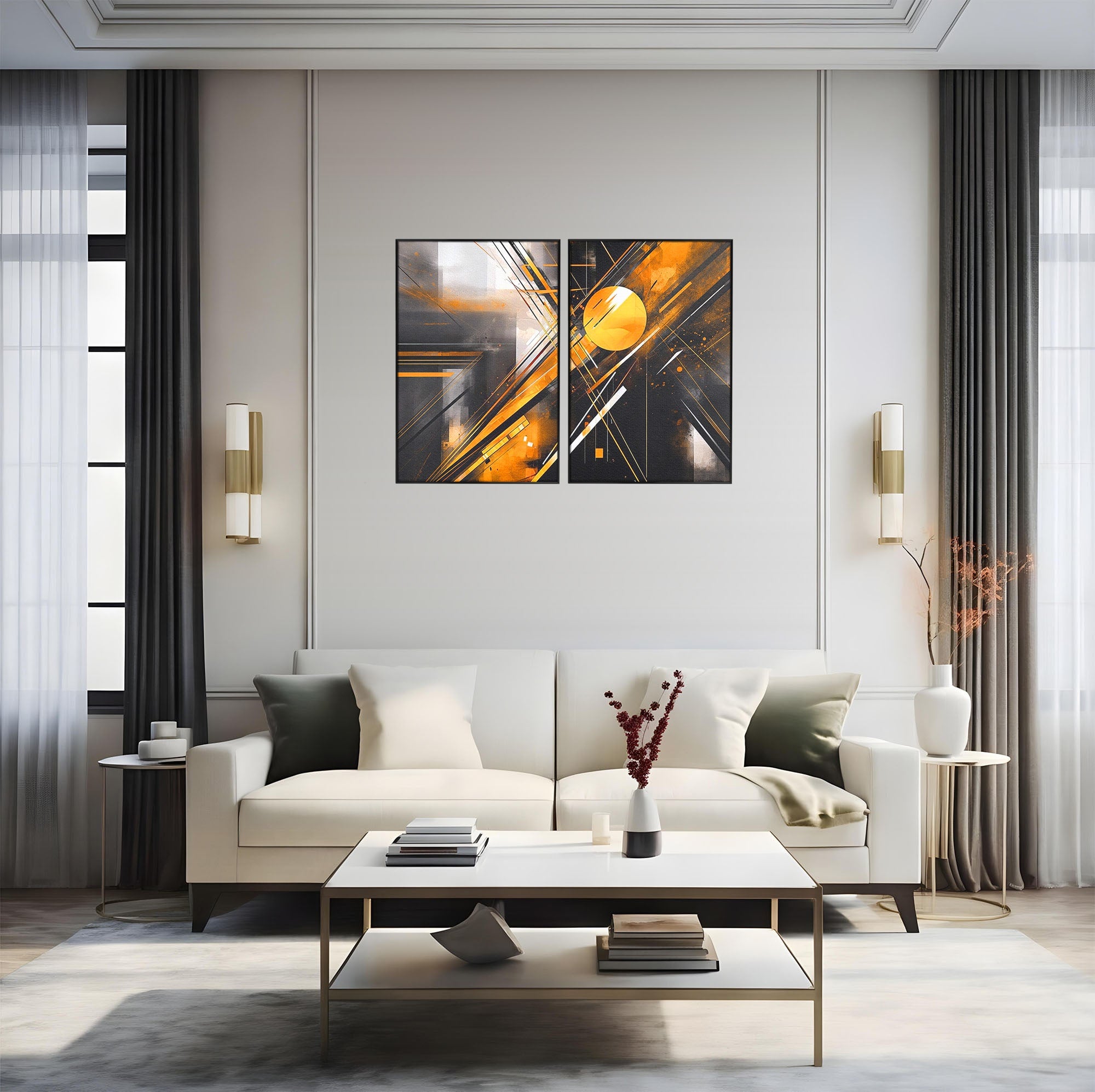 Set 2 Tablouri Canvas Premium LuxCanva® J2-1026, Impactul Viitorului, Futurism, Putere, Stralucire, Inovatie, Miscare, Galben, Negru, Furtuna, Traiectorii, Living, Dormitor