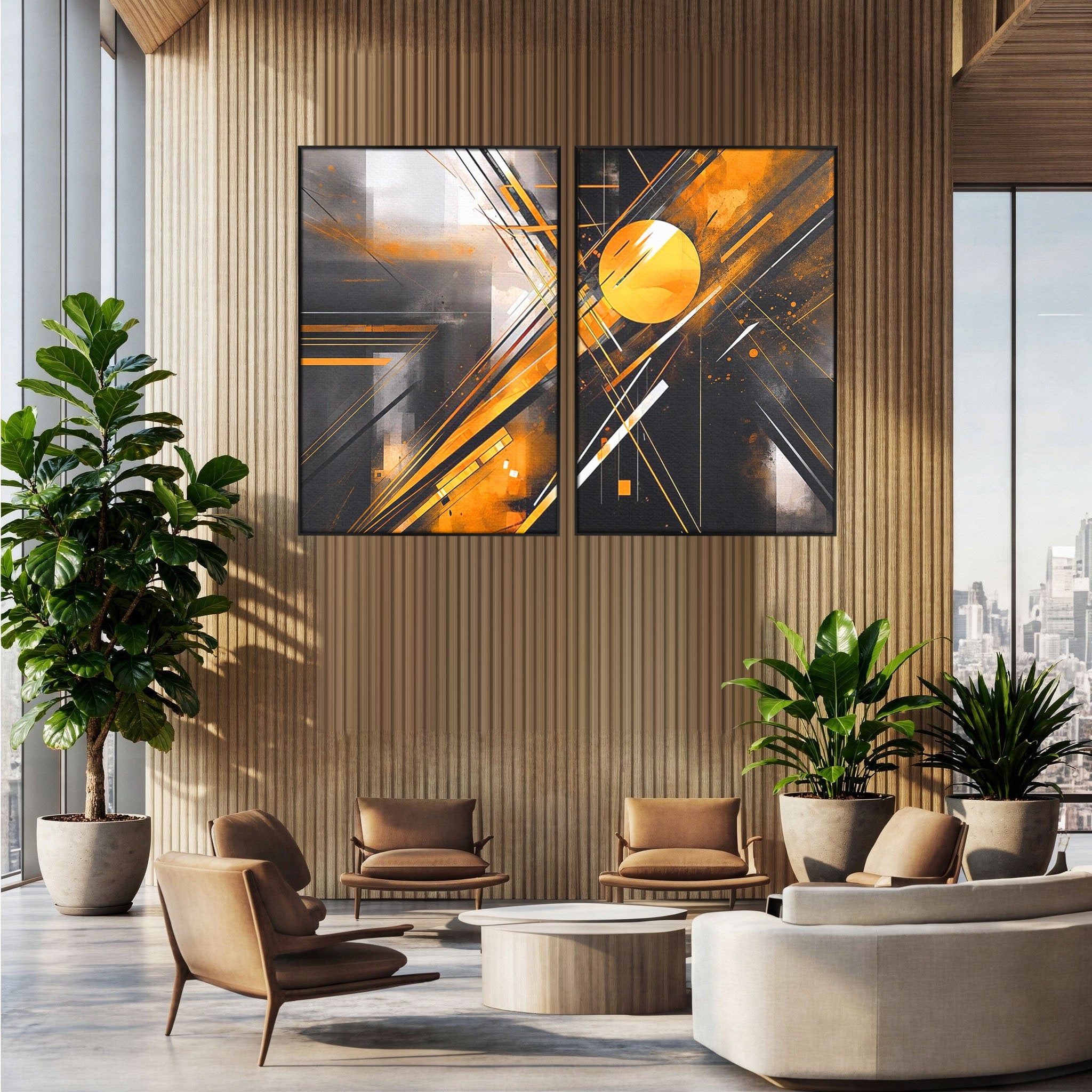 Set 2 Tablouri Canvas Premium LuxCanva® J2-1026, Impactul Viitorului, Futurism, Putere, Stralucire, Inovatie, Miscare, Galben, Negru, Furtuna, Traiectorii, Living, Dormitor