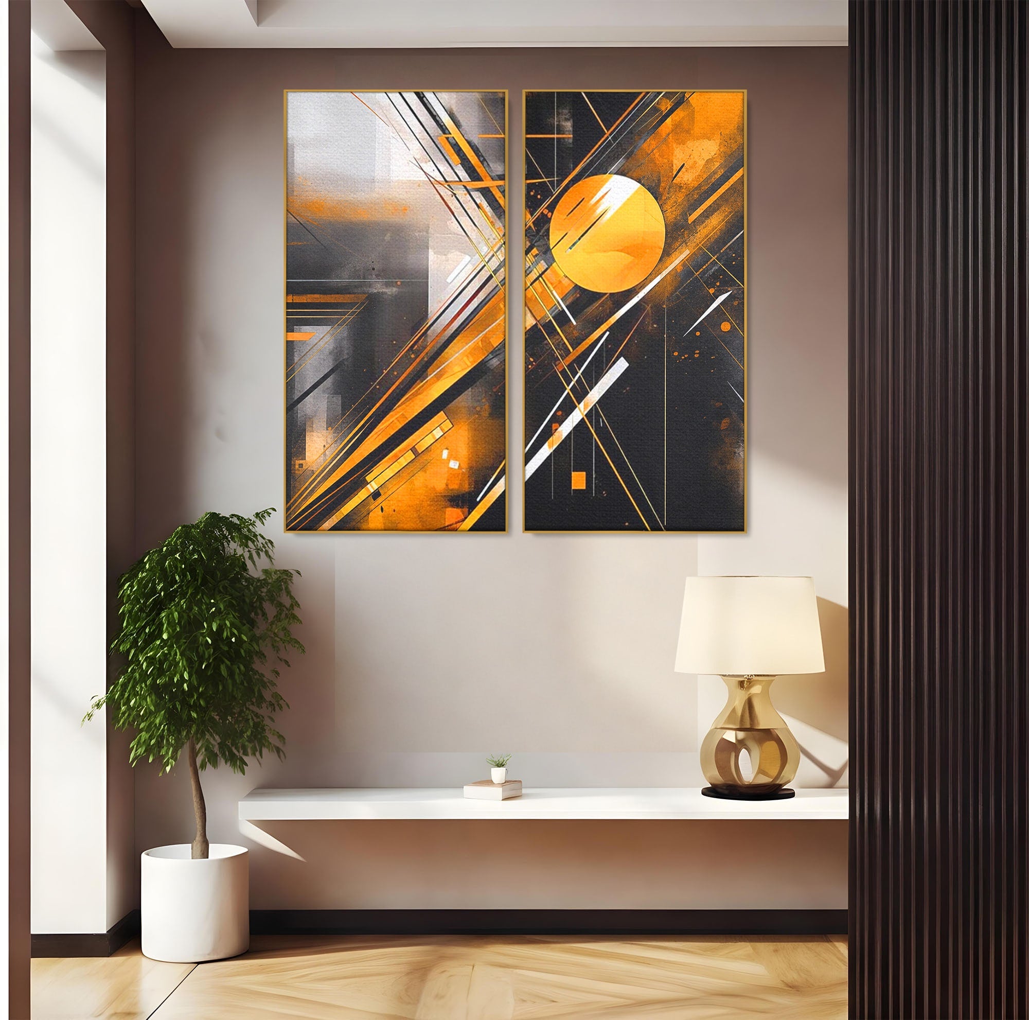 Set 2 Tablouri Canvas Premium LuxCanva® J2-1026, Impactul Viitorului, Futurism, Putere, Stralucire, Inovatie, Miscare, Galben, Negru, Furtuna, Traiectorii, Living, Dormitor
