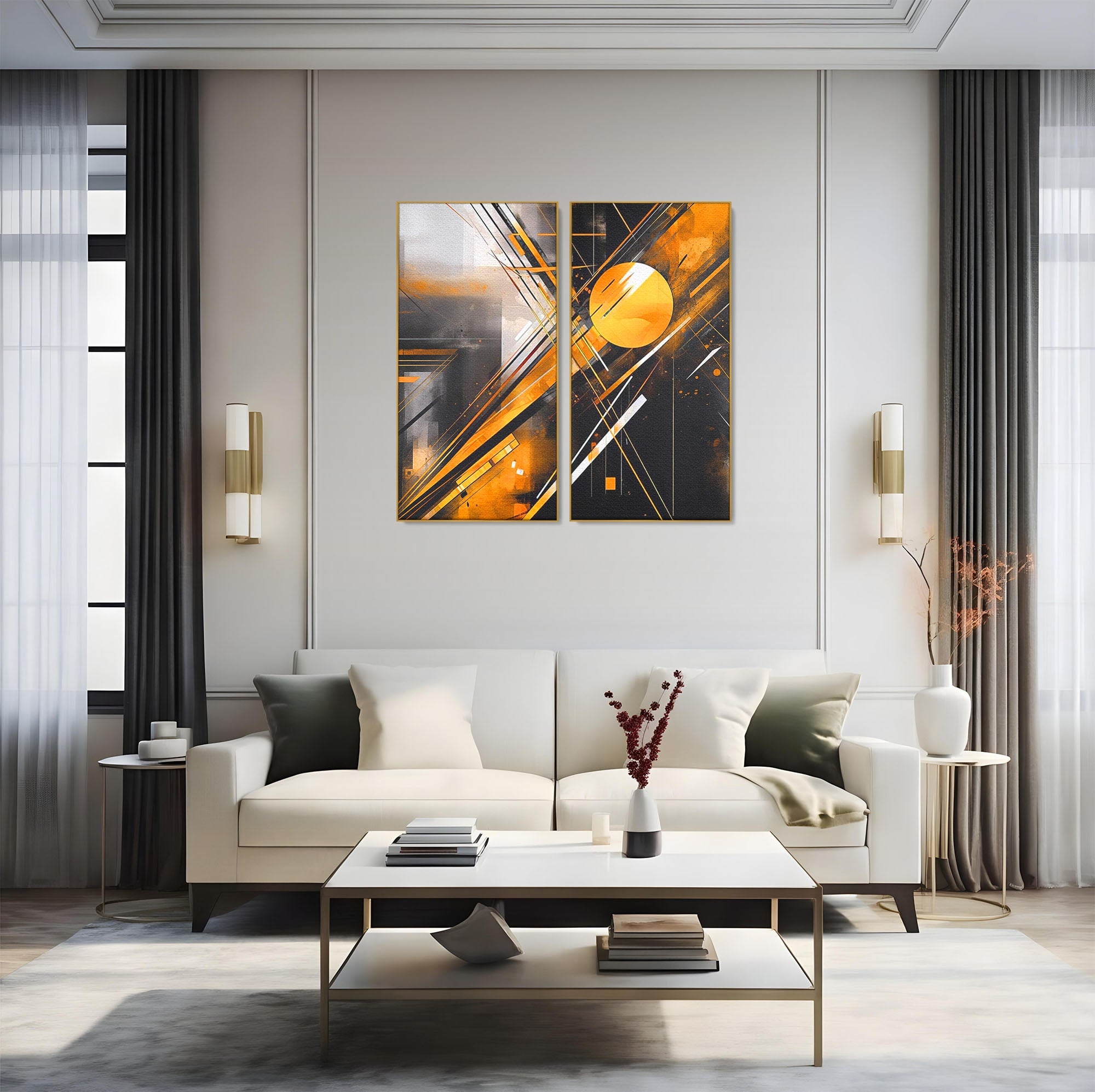 Set 2 Tablouri Canvas Premium LuxCanva® J2-1026, Impactul Viitorului, Futurism, Putere, Stralucire, Inovatie, Miscare, Galben, Negru, Furtuna, Traiectorii, Living, Dormitor
