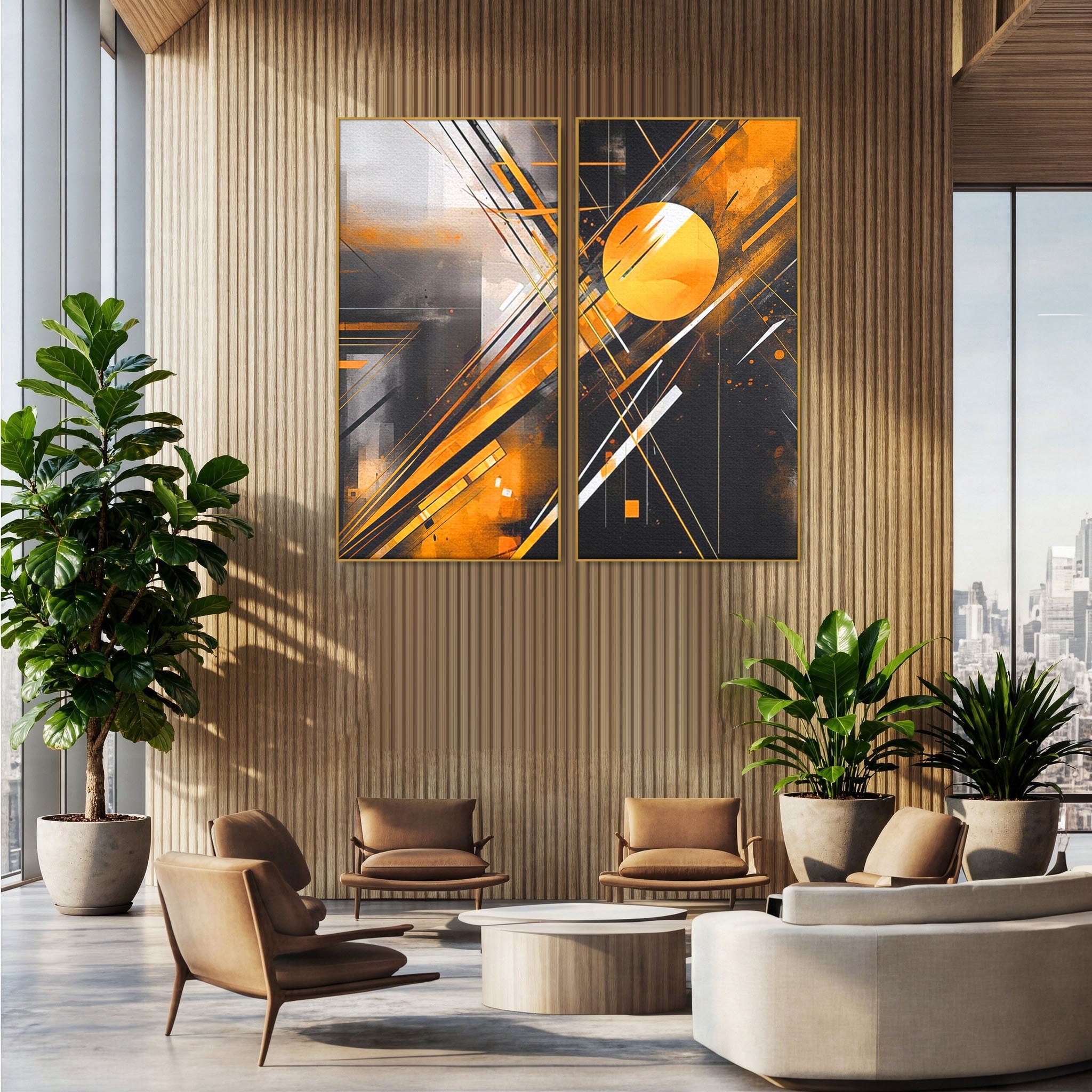 Set 2 Tablouri Canvas Premium LuxCanva® J2-1026, Impactul Viitorului, Futurism, Putere, Stralucire, Inovatie, Miscare, Galben, Negru, Furtuna, Traiectorii, Living, Dormitor