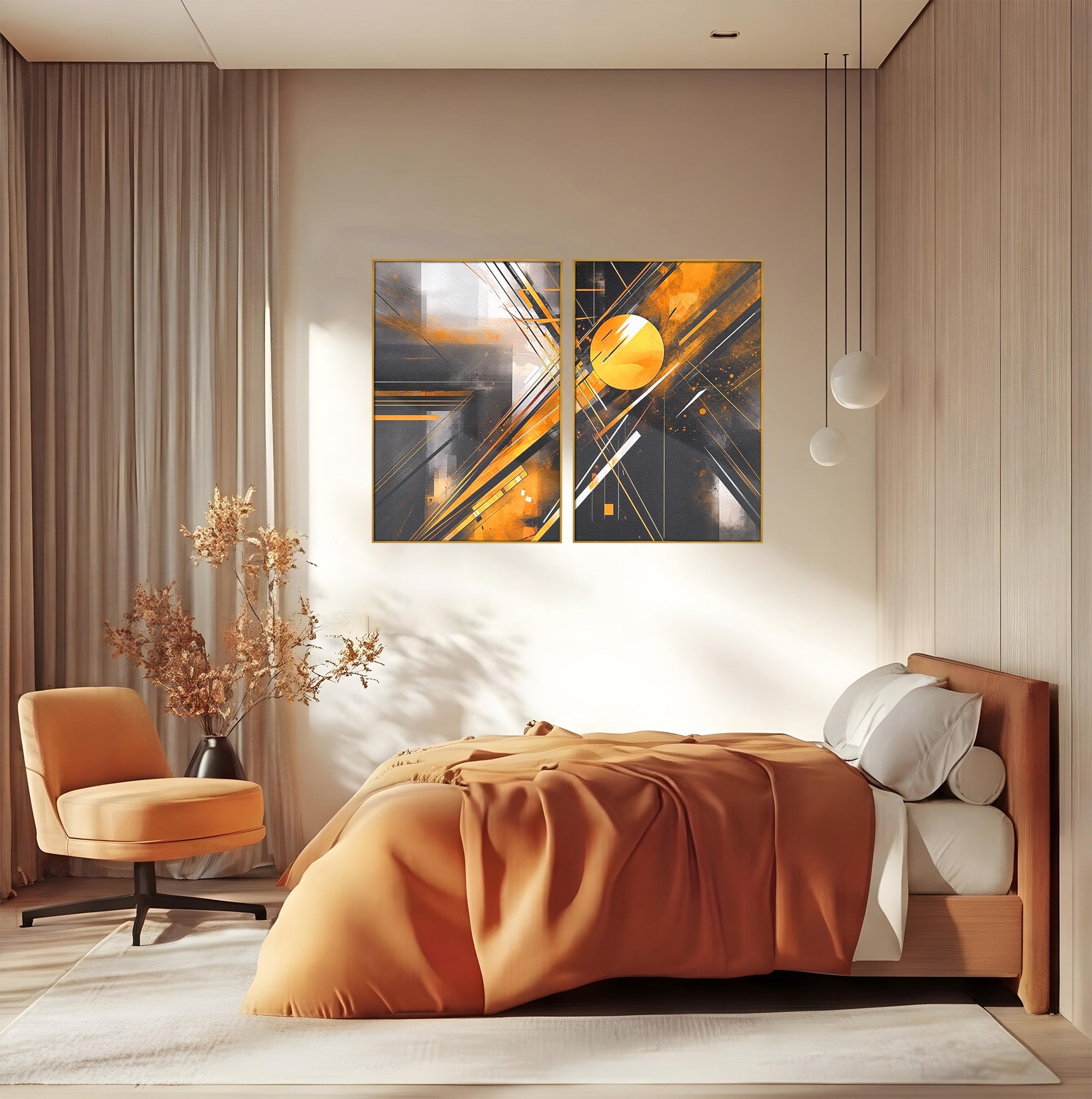 Set 2 Tablouri Canvas Premium LuxCanva® J2-1026, Impactul Viitorului, Futurism, Putere, Stralucire, Inovatie, Miscare, Galben, Negru, Furtuna, Traiectorii, Living, Dormitor