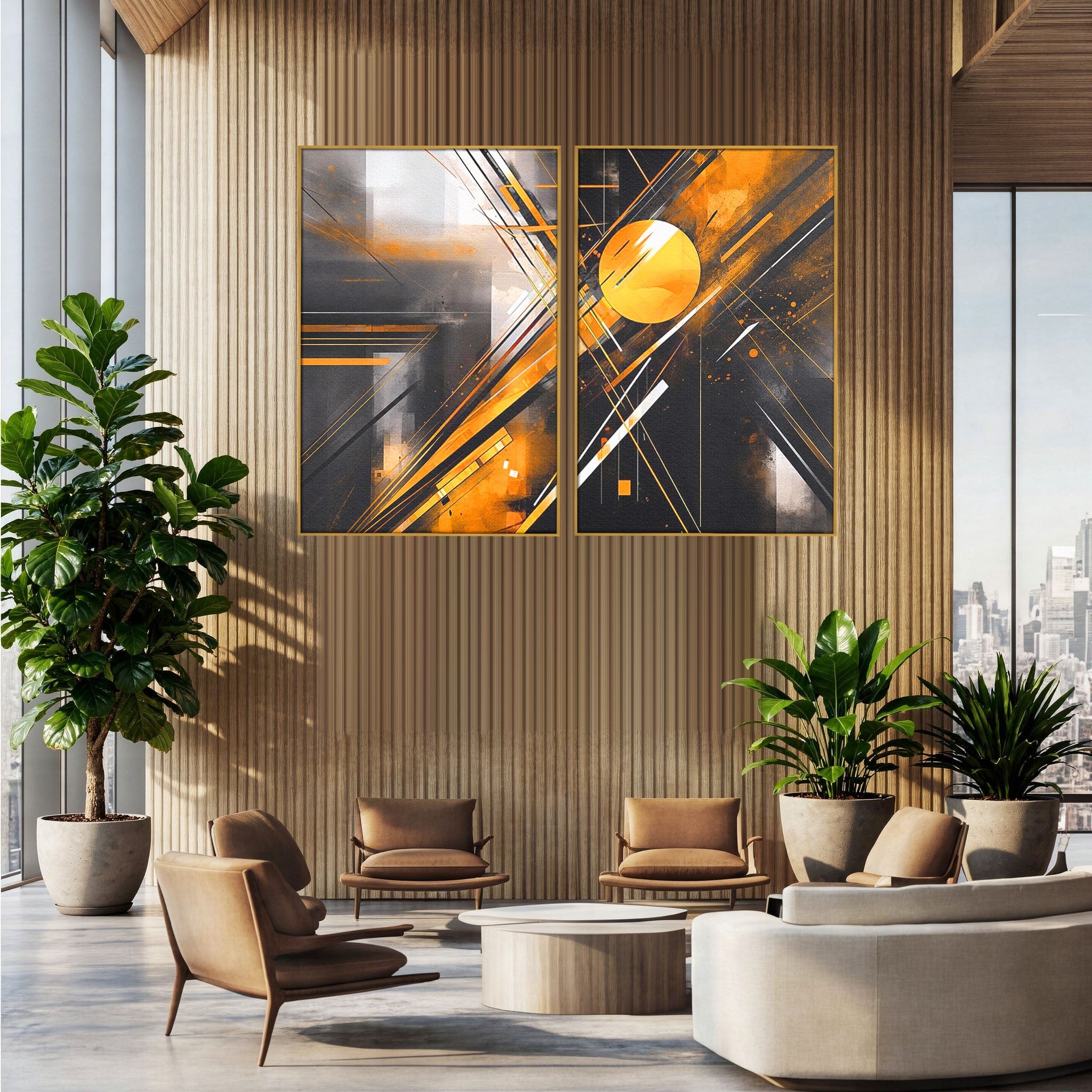 Set 2 Tablouri Canvas Premium LuxCanva® J2-1026, Impactul Viitorului, Futurism, Putere, Stralucire, Inovatie, Miscare, Galben, Negru, Furtuna, Traiectorii, Living, Dormitor