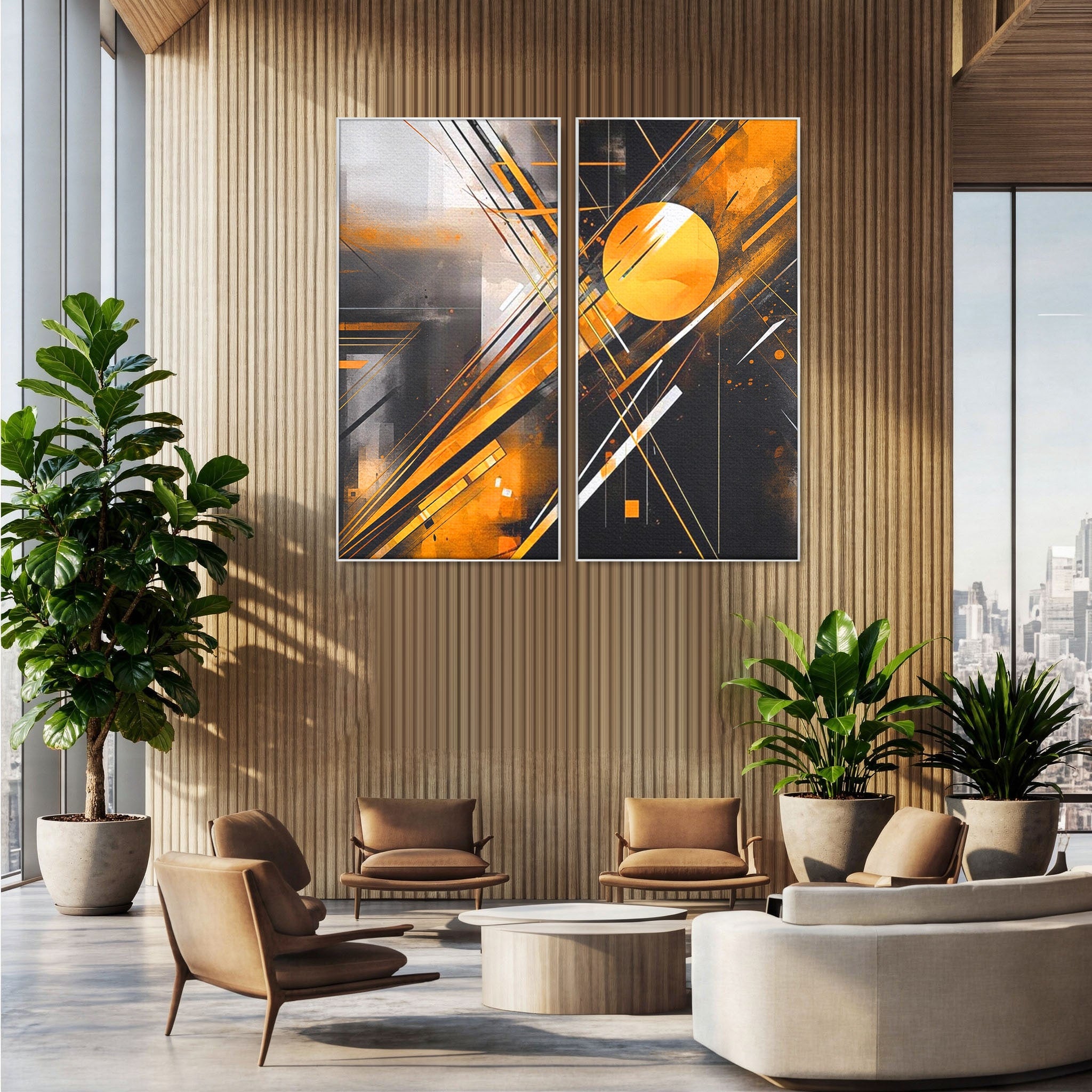 Set 2 Tablouri Canvas Premium LuxCanva® J2-1026, Impactul Viitorului, Futurism, Putere, Stralucire, Inovatie, Miscare, Galben, Negru, Furtuna, Traiectorii, Living, Dormitor