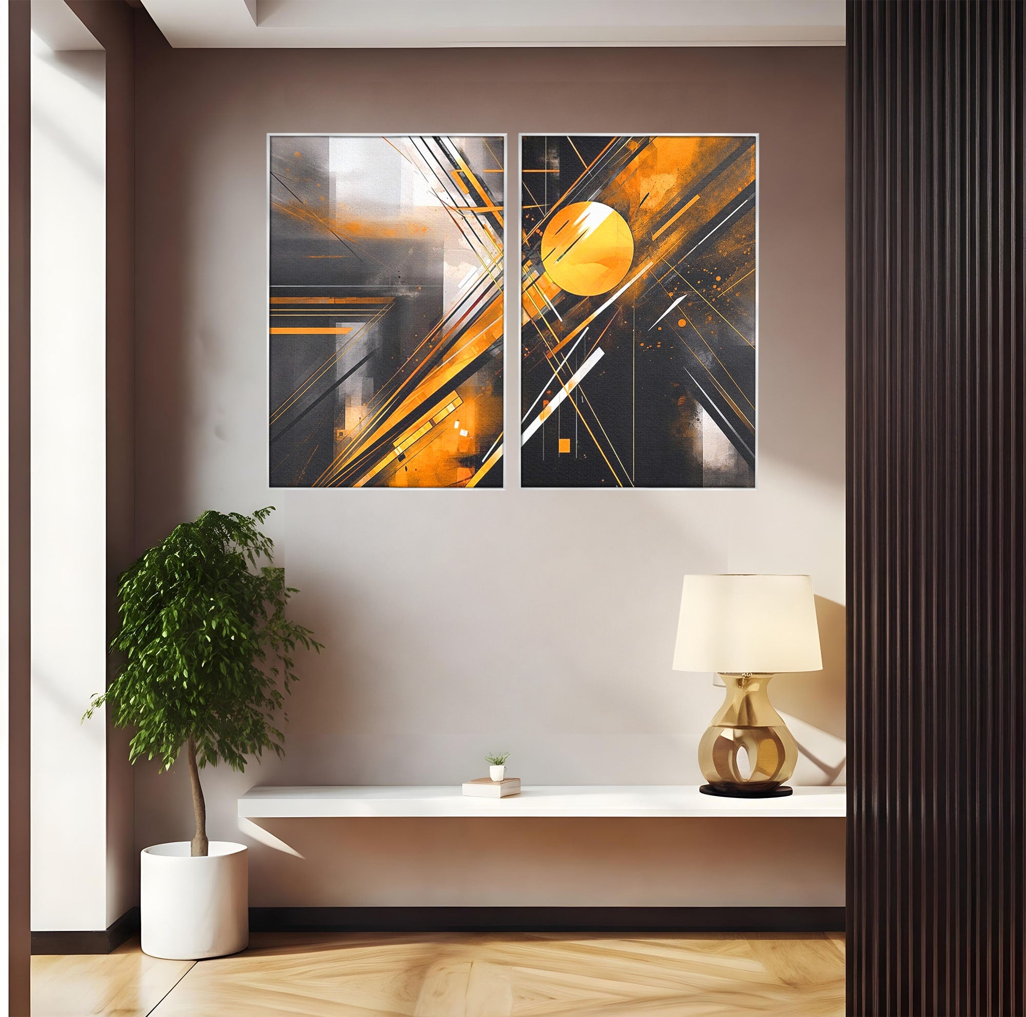 Set 2 Tablouri Canvas Premium LuxCanva® J2-1026, Impactul Viitorului, Futurism, Putere, Stralucire, Inovatie, Miscare, Galben, Negru, Furtuna, Traiectorii, Living, Dormitor