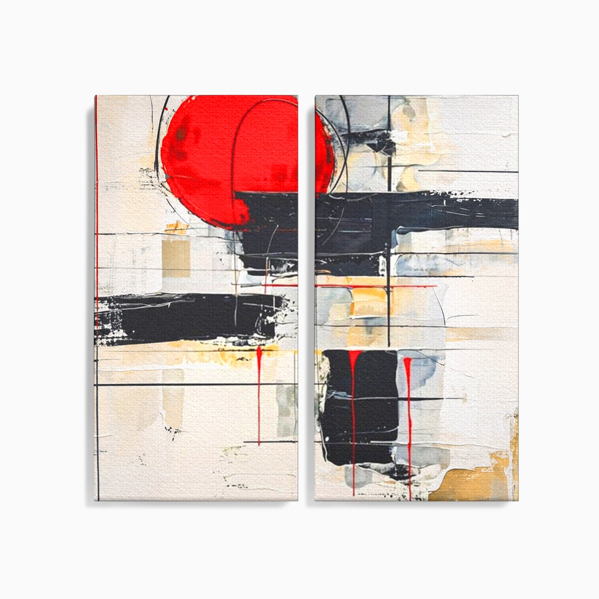 Set 2 Tablouri Canvas Premium LuxCanva® J2-1029, Cercul Vietii, Energie, Foc, Abstract, Rosu, Negru, Cercuri, Explozie, Contrast, Pasiune, Minimalism, Geometrie, Living, Dormitor
