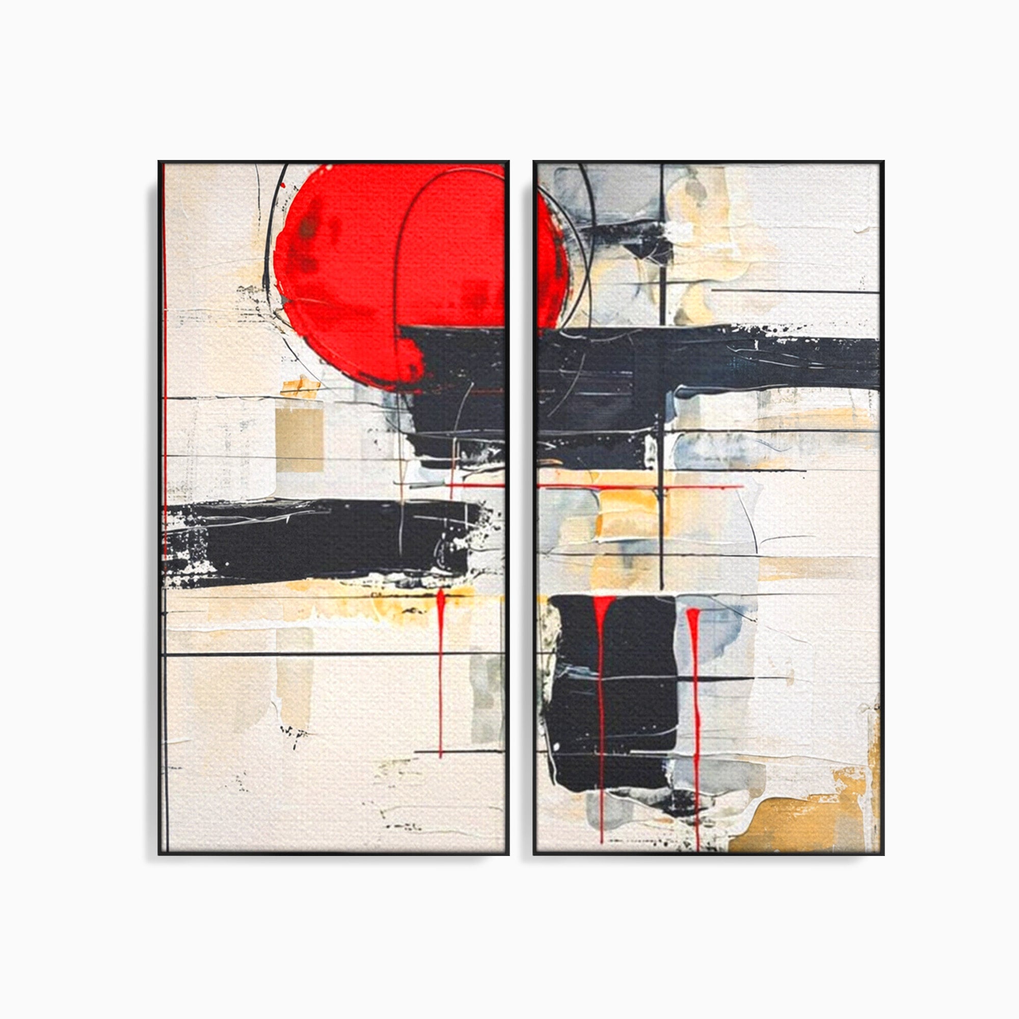 Set 2 Tablouri Canvas Premium LuxCanva® J2-1029, Cercul Vietii, Energie, Foc, Abstract, Rosu, Negru, Cercuri, Explozie, Contrast, Pasiune, Minimalism, Geometrie, Living, Dormitor