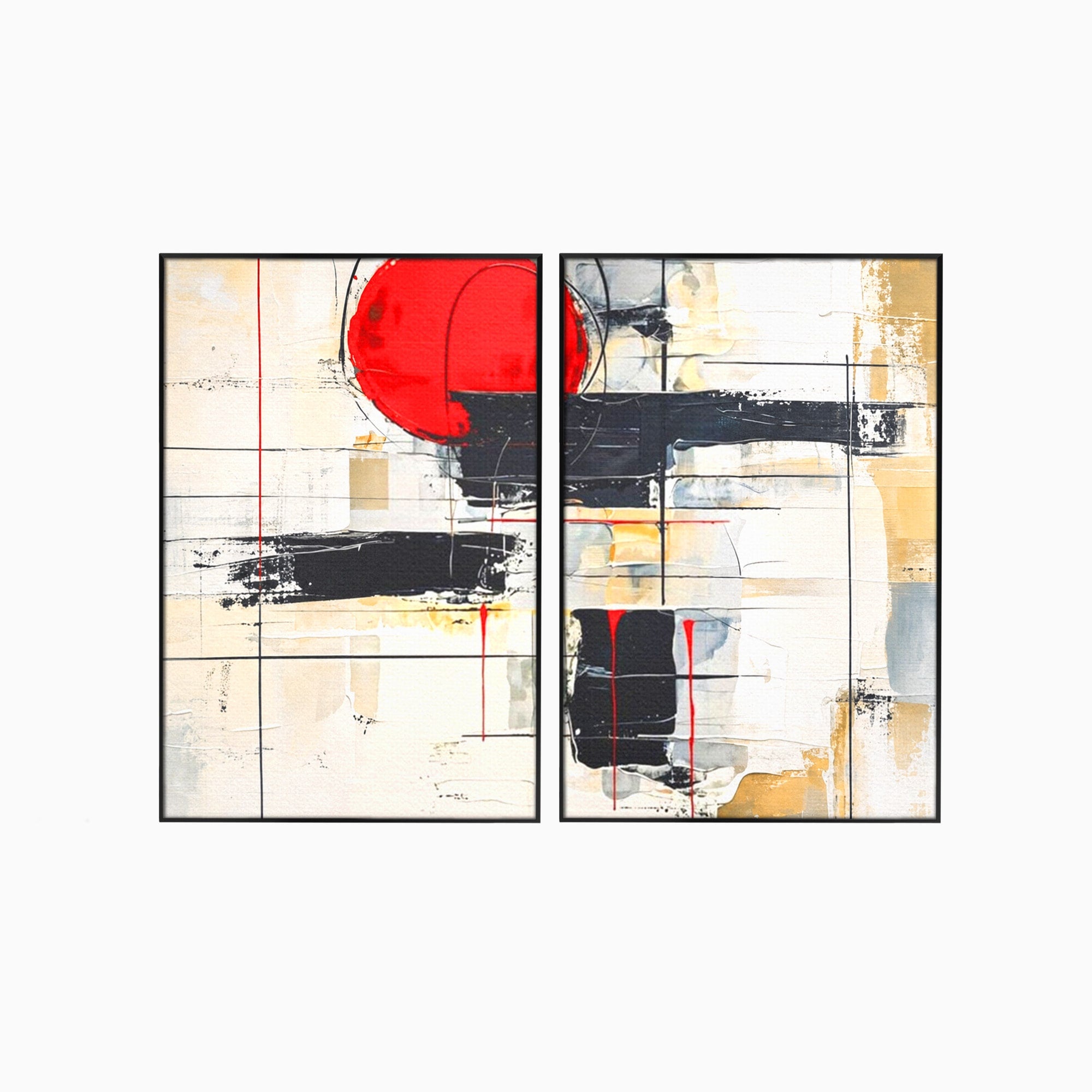 Set 2 Tablouri Canvas Premium LuxCanva® J2-1029, Cercul Vietii, Energie, Foc, Abstract, Rosu, Negru, Cercuri, Explozie, Contrast, Pasiune, Minimalism, Geometrie, Living, Dormitor
