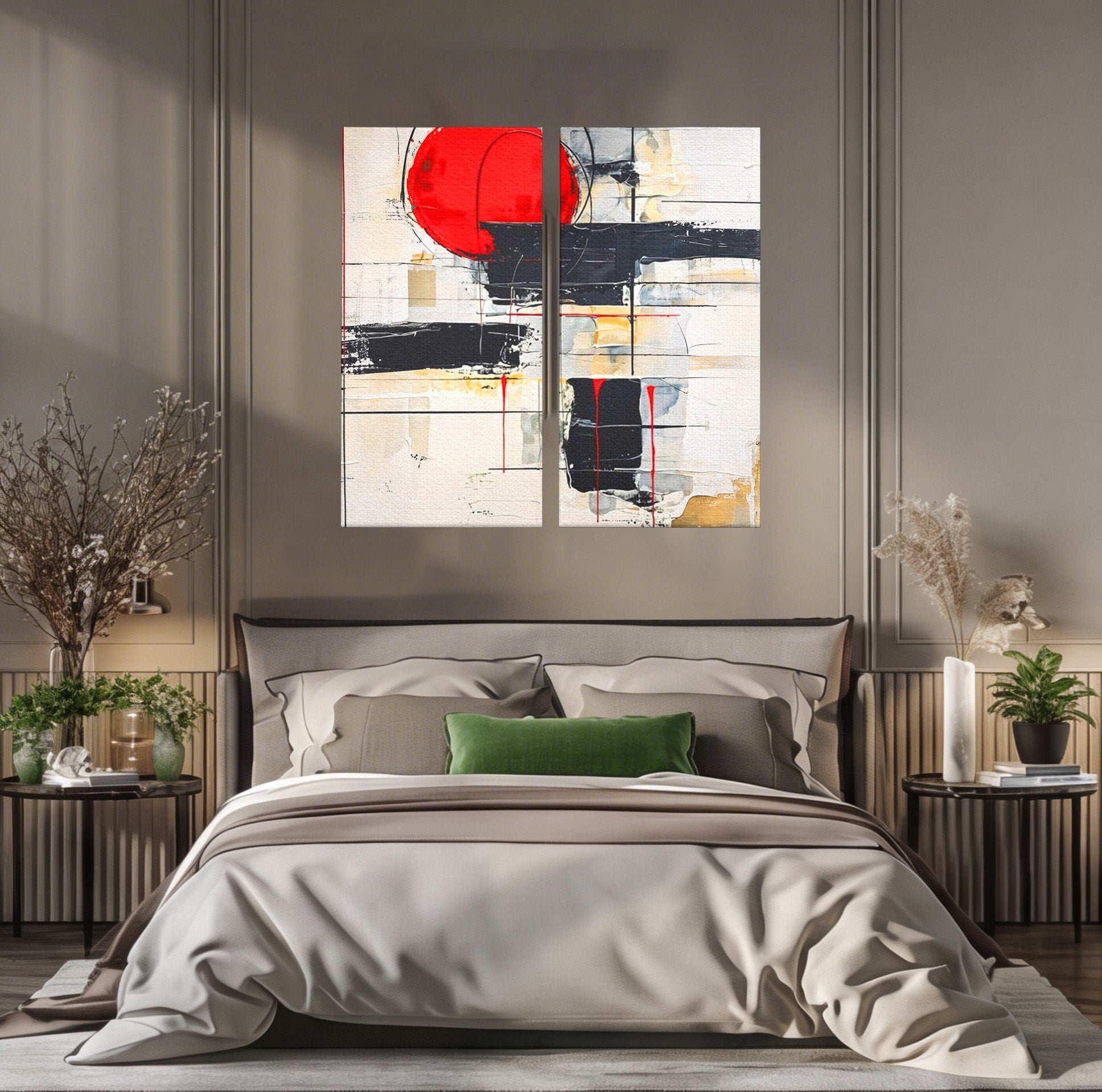 Set 2 Tablouri Canvas Premium LuxCanva® J2-1029, Cercul Vietii, Energie, Foc, Abstract, Rosu, Negru, Cercuri, Explozie, Contrast, Pasiune, Minimalism, Geometrie, Living, Dormitor