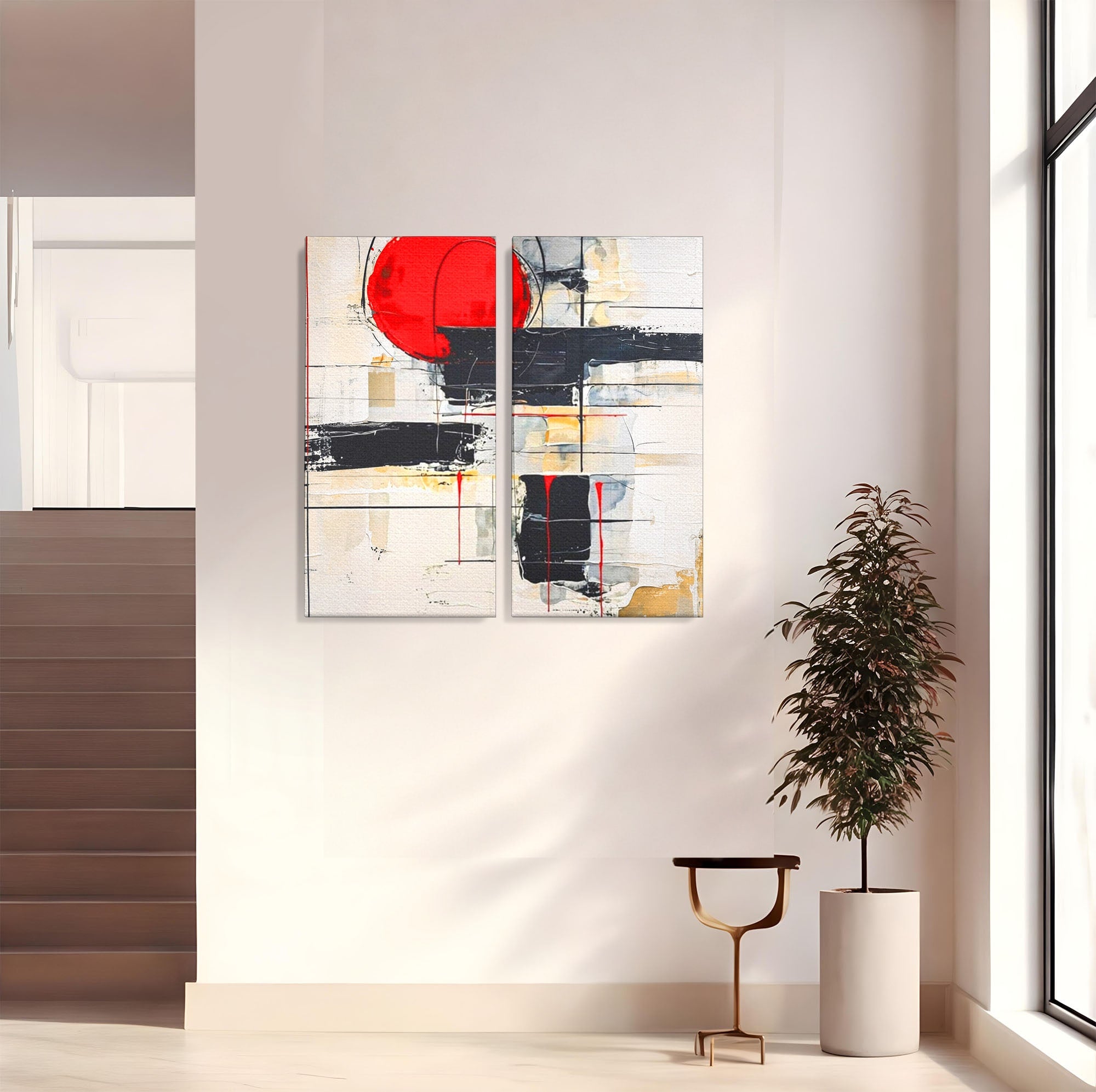 Set 2 Tablouri Canvas Premium LuxCanva® J2-1029, Cercul Vietii, Energie, Foc, Abstract, Rosu, Negru, Cercuri, Explozie, Contrast, Pasiune, Minimalism, Geometrie, Living, Dormitor