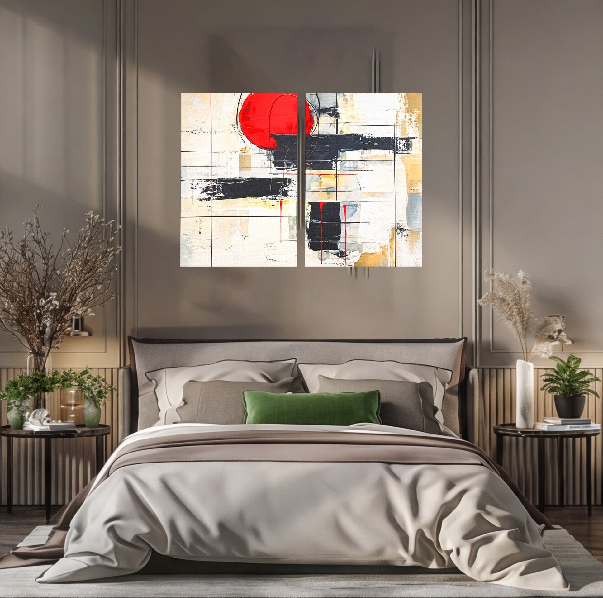 Set 2 Tablouri Canvas Premium LuxCanva® J2-1029, Cercul Vietii, Energie, Foc, Abstract, Rosu, Negru, Cercuri, Explozie, Contrast, Pasiune, Minimalism, Geometrie, Living, Dormitor