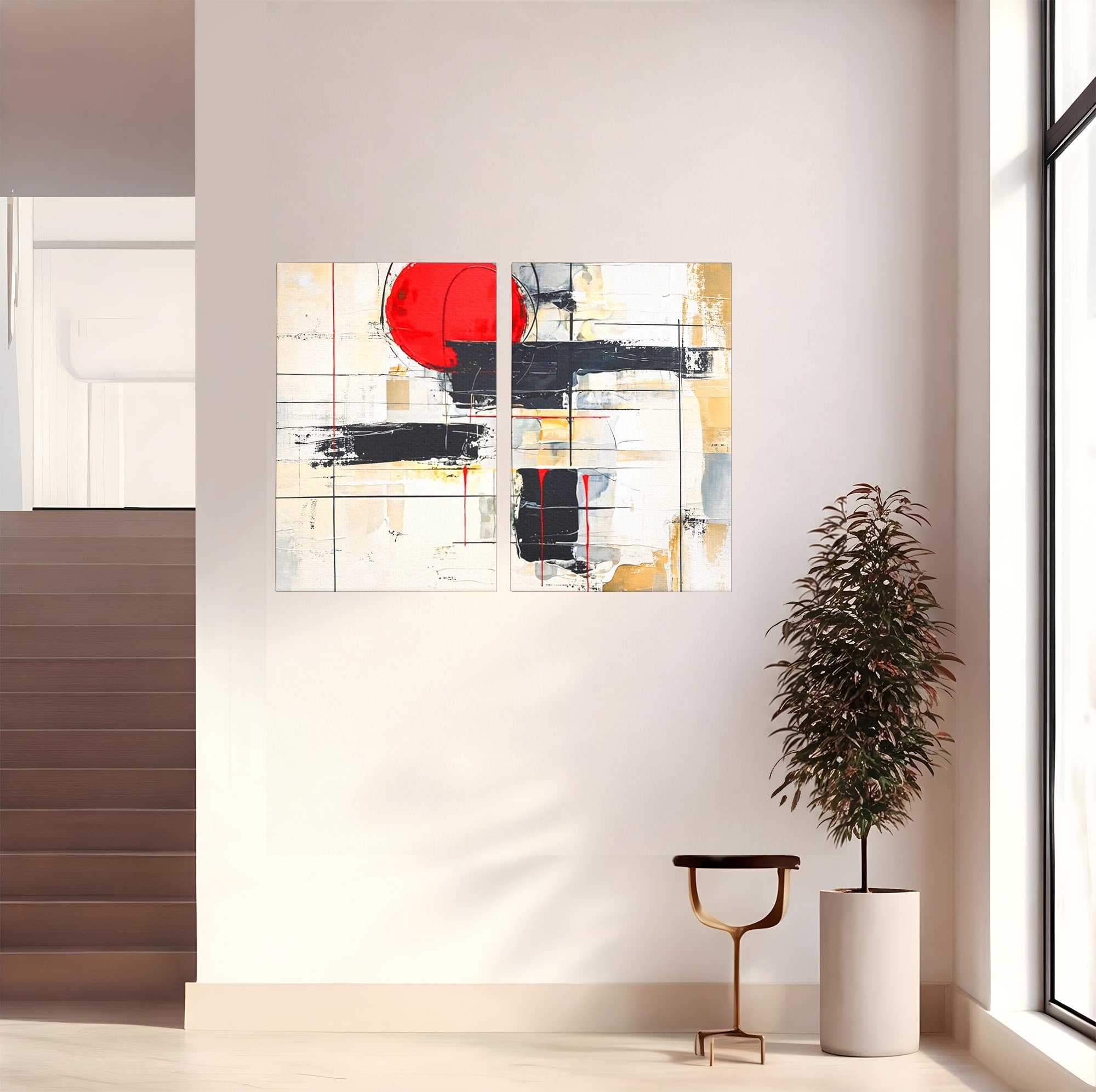 Set 2 Tablouri Canvas Premium LuxCanva® J2-1029, Cercul Vietii, Energie, Foc, Abstract, Rosu, Negru, Cercuri, Explozie, Contrast, Pasiune, Minimalism, Geometrie, Living, Dormitor